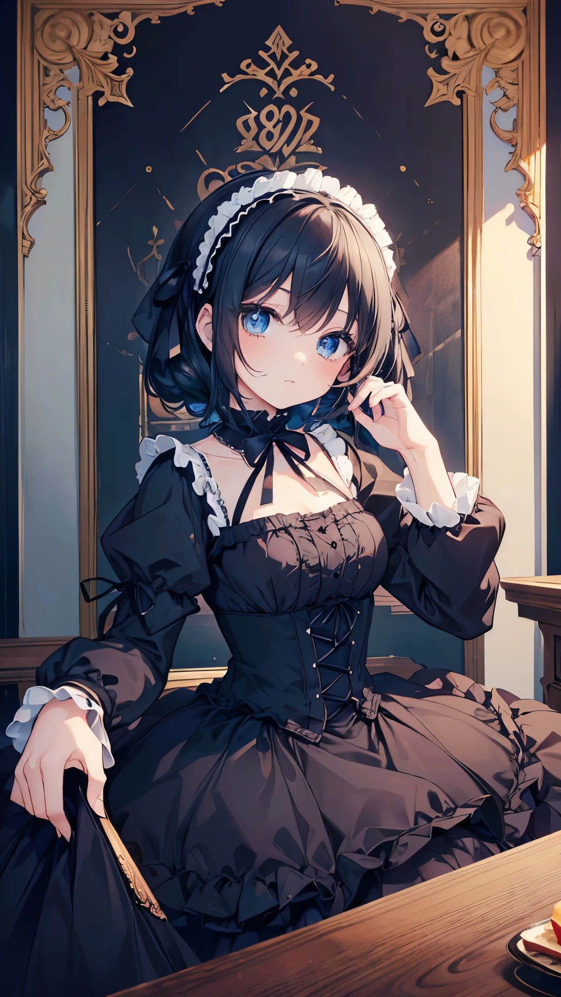 (Tabletop, highest quality:1.2), 8k, 85mm, Official Art, Absurd, Black-haired, (blue eyes, Lolita Fashion, sweet lolita, Gothic, dress:1.2), Idol&#39;s face, Upper Body, beautiful girl, Gardeniass, Copenhagen, Short sleeve, grace, Sophisticated, Gardenia, Film Grain, chromatic aberration, Sharp focus, Face Light, Dynamic Lighting, Cinema Lighting,(( blush、Embarrassed expression, avert your eyes、Looking down shyly:1.2))、(((Pull up your skirt、White panties are visible、Sujiman、slit)))