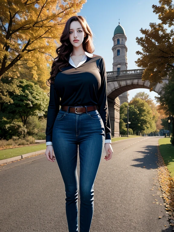 professional photograph, (overhead view:0.95), Kat Dennings, aged 18, young, inquisitive, cute, looking away, (giant tall skinny lanky woman:1.45), sfw, (slim slender arafed narrow woman:1.45), soft lighting, backlit, hidden symmetric breasts, jeans, long tucked-in long-sleeved t-shirt, belt, detailed beautiful bright symmetric eyes, old city park, trees, standing, (near a stone arch bridge over a stony creek:0.8), antique lamppost, sky, auburn hair, autumn leaves, big huge enormous massive colossal gigantic breasts, hair tied back, big messy curly big flowing extremely long hair, bangs, outside, weak, canon 5d