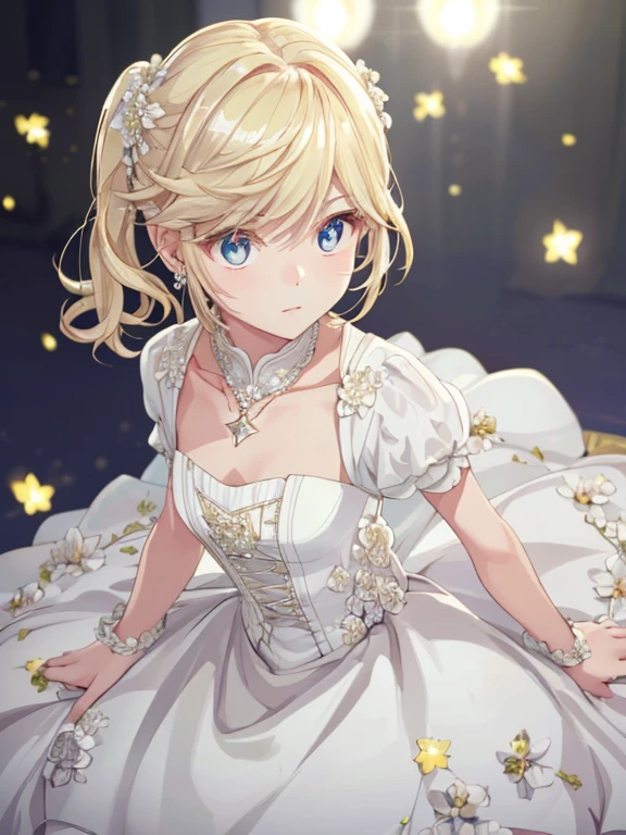 masterpiece, highest quality, tart 、Blonde,shape,, Platinum Earrings, Platinum Necklace, White Dress, 1 girl, cute, (Dynamic Lighting:1.2), Cinema Lighting, Delicate features, Fine Eyes, Sharp pupils, Realistic student, Depth of written border, Bokeh, Sharp focus, (Very detailed, bloom, Shine:1.4), Lots of little gems