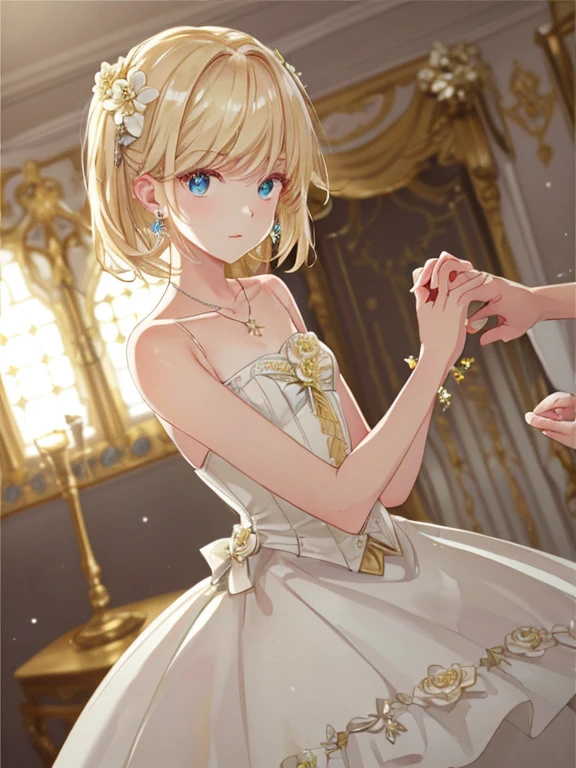 masterpiece, highest quality, tart 、Blonde,shape,, Platinum Earrings, Platinum Necklace, White Dress, 1 girl, cute, (Dynamic Lighting:1.2), Cinema Lighting, Delicate features, Fine Eyes, Sharp pupils, Realistic student, Depth of written border, Bokeh, Sharp focus, (Very detailed, bloom, Shine:1.4), Lots of little gems