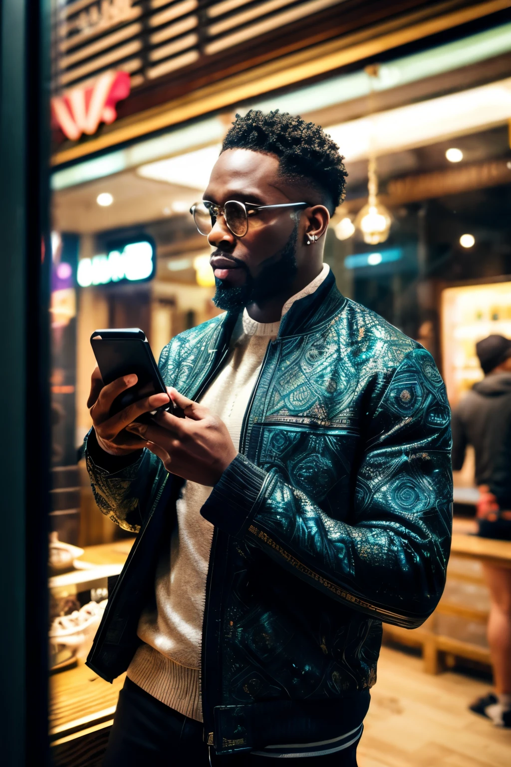 black man selling a smartphone into phone store, Photoshoot, Isometric, Depth of Field, Tonal Colors, Phosphor Display, insanely detailed and intricate, hypermaximalist, elegant, ornate, hyper realistic, super detailed