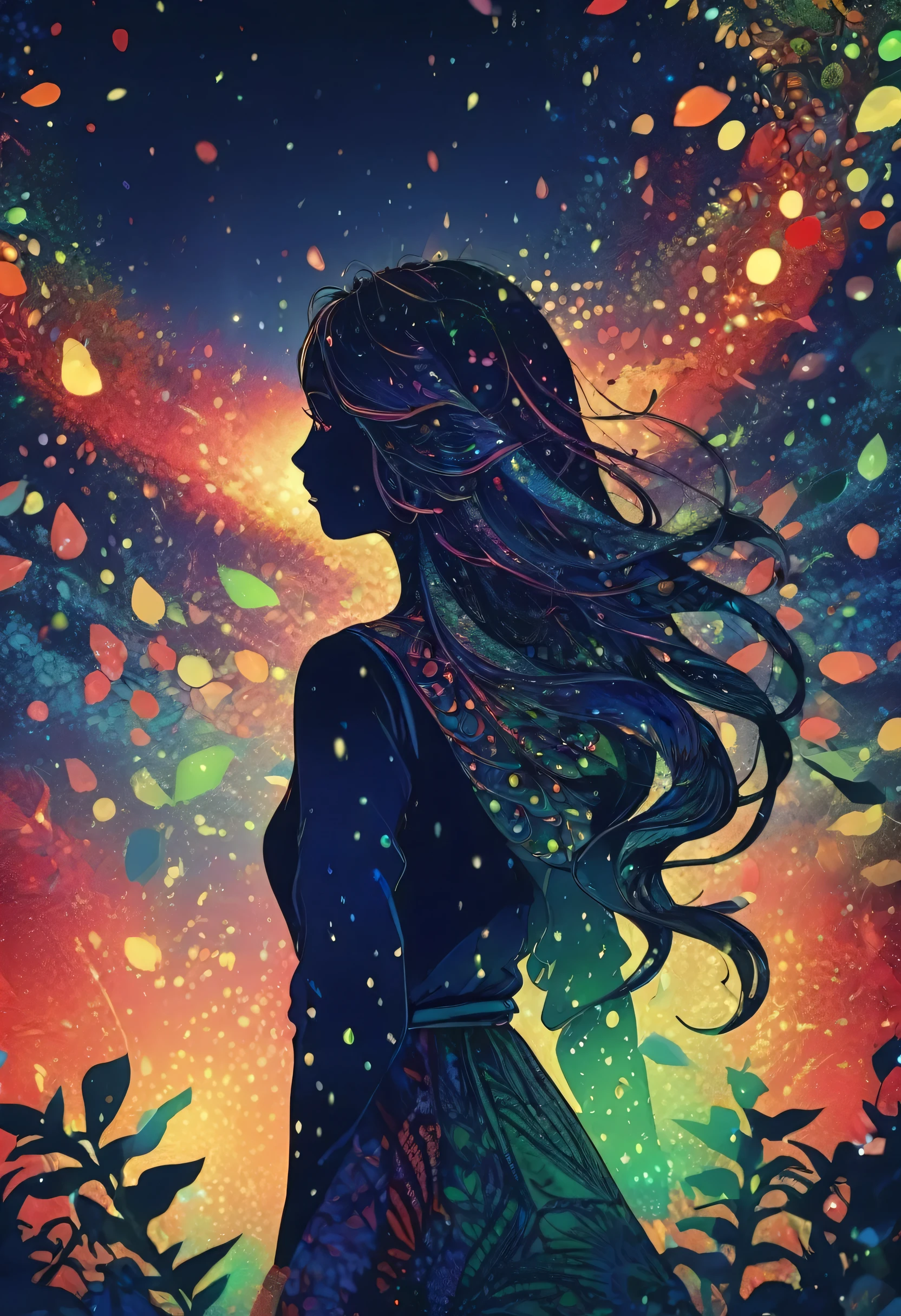 (highest quality,High resolution:1.2),Rain Spirit、Beautiful female spirit、Firefly Light、Colorful background,Navy Blue、Navy、red、green、Blurred,Zentangle Style,Fractal Style、Ball of Light、Smash it, stand out, The most inspiring silhouette ever, Shine, magic, thank you. By Tupu...lol...