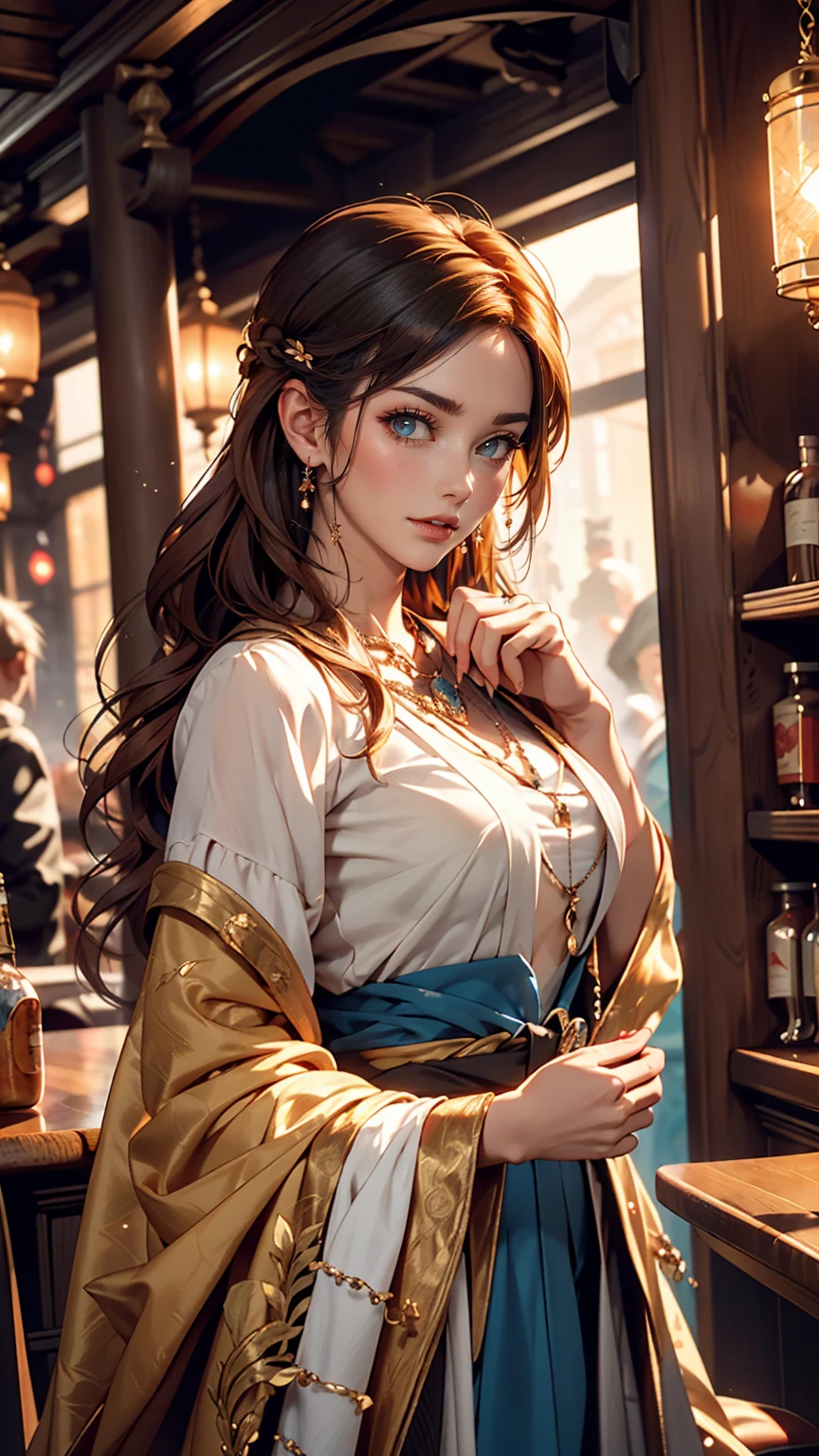 Young redhead woman, Medieval Tales Tavern, Exquisitely crafted and colorful interior, Detailed intense sunrise lightning, Best Geometry, Award-winning masterpiece, Very complex shadows and lighting, Best lighting, Best Shadow, Complex and busy setup, artステーションで話題, Global Illumination, Self-luminous, Bioluminescence, Mid-Journey Style, art:Albert Bierstadt