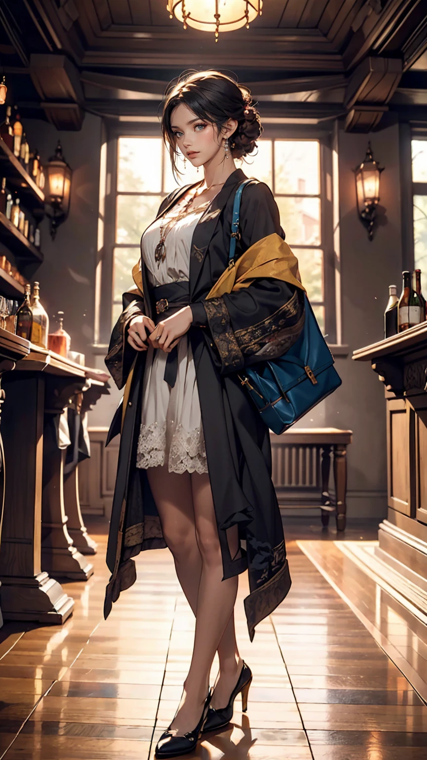 Young redhead woman, Medieval Tales Tavern, Exquisitely crafted and colorful interior, Detailed intense sunrise lightning, Best Geometry, Award-winning masterpiece, Very complex shadows and lighting, Best lighting, Best Shadow, Complex and busy setup, artステーションで話題, Global Illumination, Self-luminous, Bioluminescence, Mid-Journey Style, art:Albert Bierstadt
