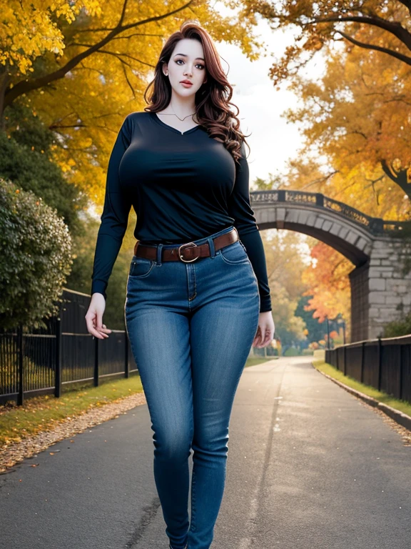 professional photograph, (overhead view:0.95), Kat Dennings, aged 18, young, inquisitive, cute, looking away, (giant tall skinny lanky woman:1.45), sfw, (slim slender arafed narrow woman:1.45), soft lighting, backlit, hidden symmetric breasts, jeans, long tucked-in long-sleeved t-shirt, belt, detailed beautiful bright symmetric eyes, old city park, trees, standing, (near a stone arch bridge over a stony creek:0.8), antique lamppost, sky, auburn hair, autumn leaves, big huge enormous massive colossal gigantic breasts, hair tied back, big messy curly big flowing extremely long hair, bangs, outside, weak, canon 5d