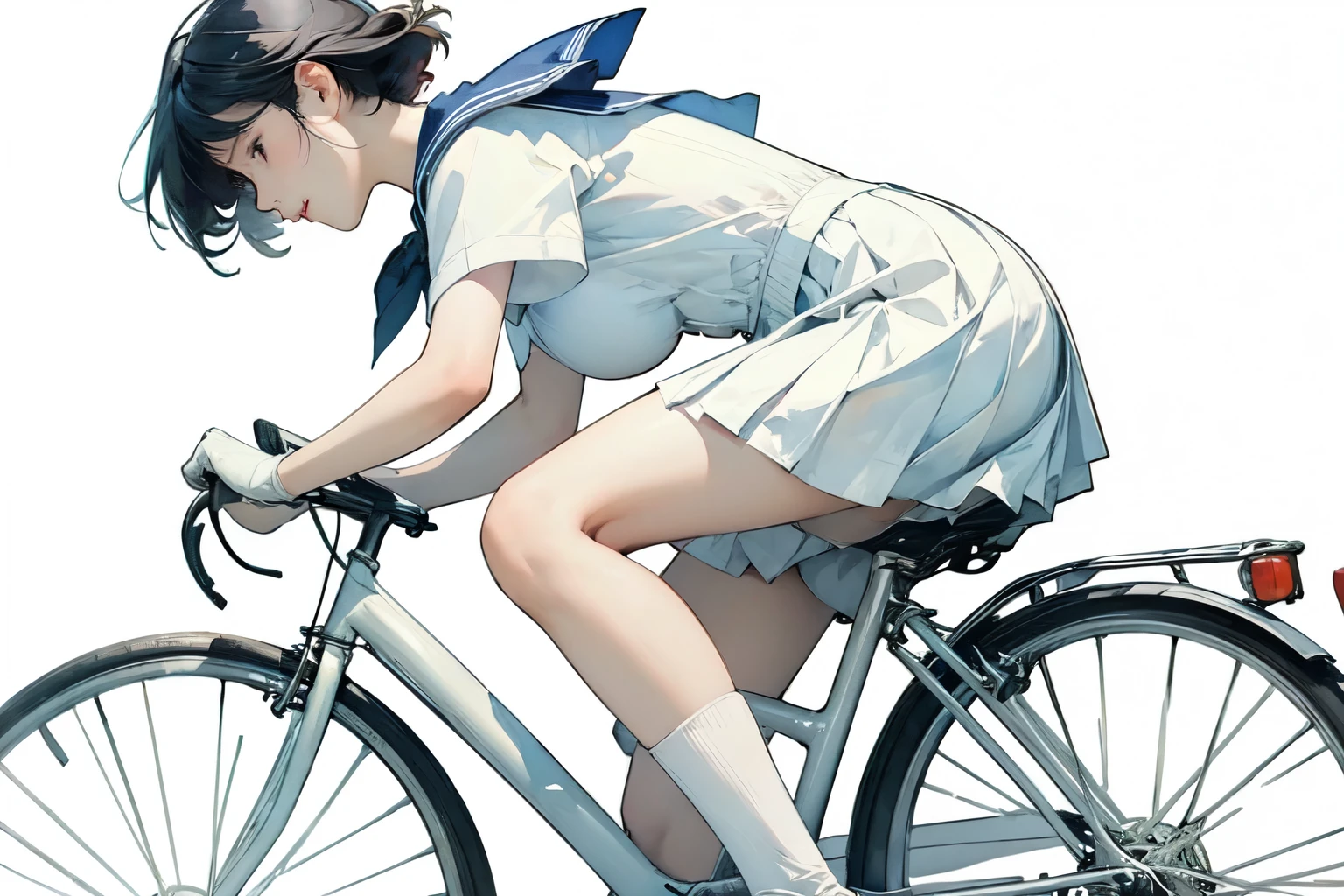 (highest quality、masterpiece)、(A riding a bicycle、Mamachari、alone、whole)、(From the side)、(Cute Face)、short hair、White Sailor Suit、uniform、Long skirt、Pleated skirt、shoes、(No background)、White Background、Blur the background、(Watercolor of singer Sargent)、Impressionist style painting、