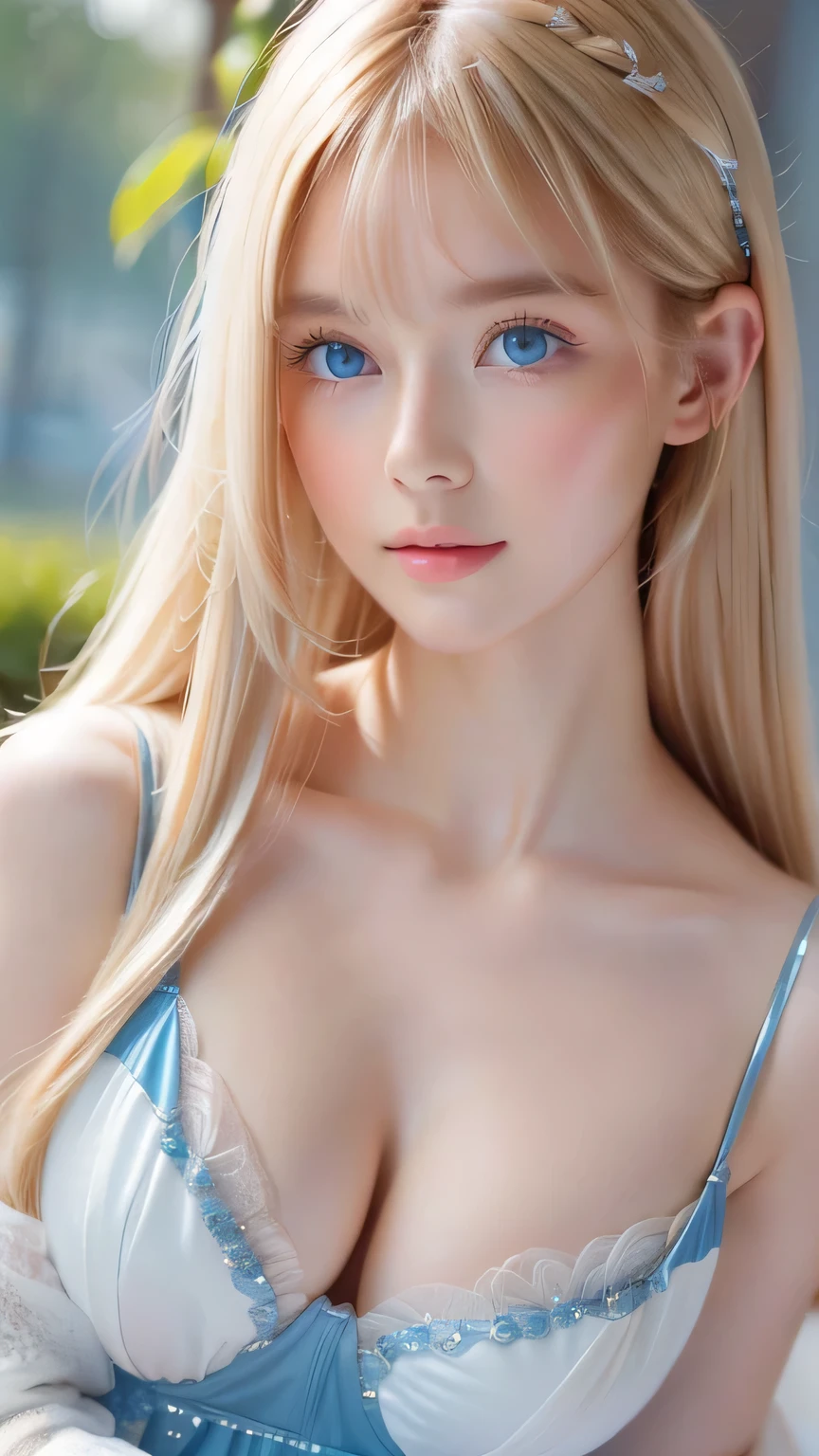 Beautiful white and shining skin、Blonde hair that changes color depending on the light、Bangs between eyes obstruct vision、Shiny highlights on the cheeks、Sexy, very beautiful, lovely, cute, gorgeous face、The most beautiful face in the world、Super long and gorgeous blonde hair、Super long and smooth super long straight hair、Big Breasts, Very large, Beautiful sparkling bright blue eyes、Beautiful Bangs、Beautiful cute girl.Small Face Beauty、Cheek Gloss Highlighter、Round face