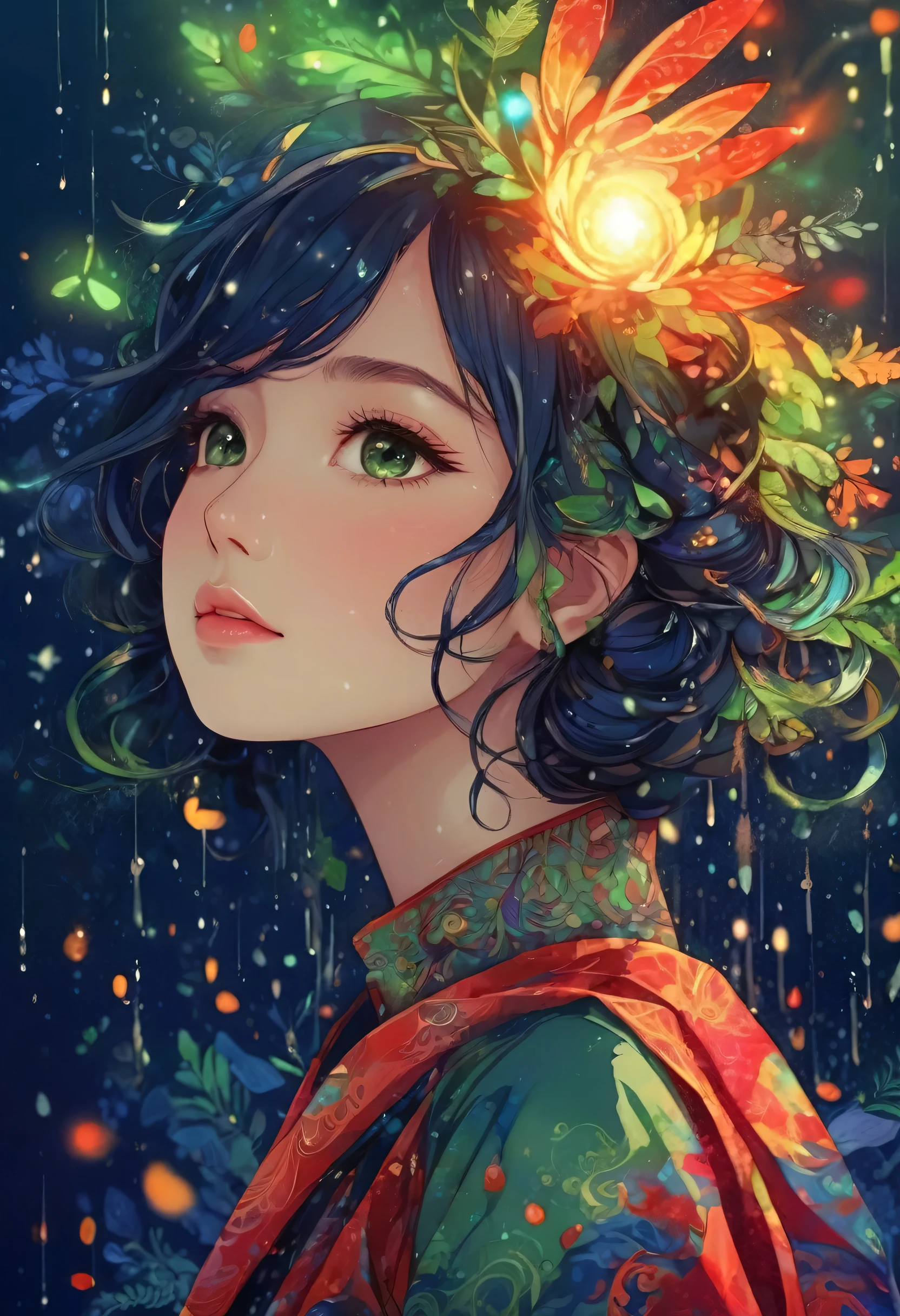 (highest quality,High resolution:1.2),Rain Spirit、Beautiful female spirit、Firefly Light、Colorful background,Navy Blue、Navy、red、green、Blurred,Zentangle Style,Fractal Style、Ball of Light、Smash it, stand out, The most inspiring silhouette ever, Shine, magic, thank you. By Tupu...lol...