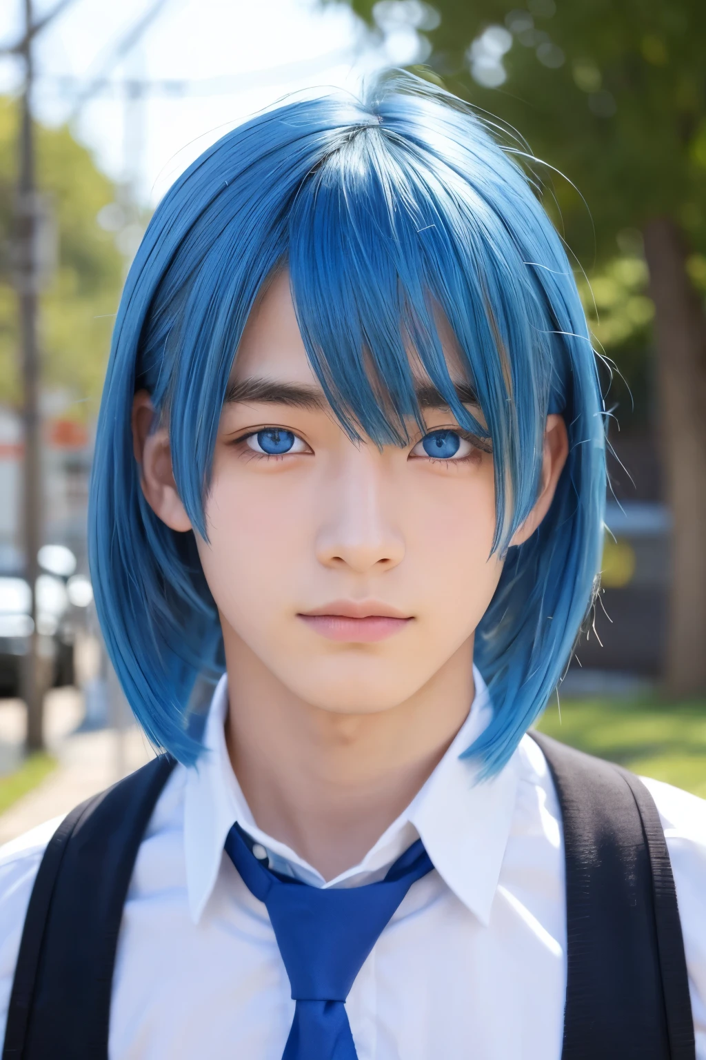 Blue Hair Indigo eyes high school student Beautiful boy