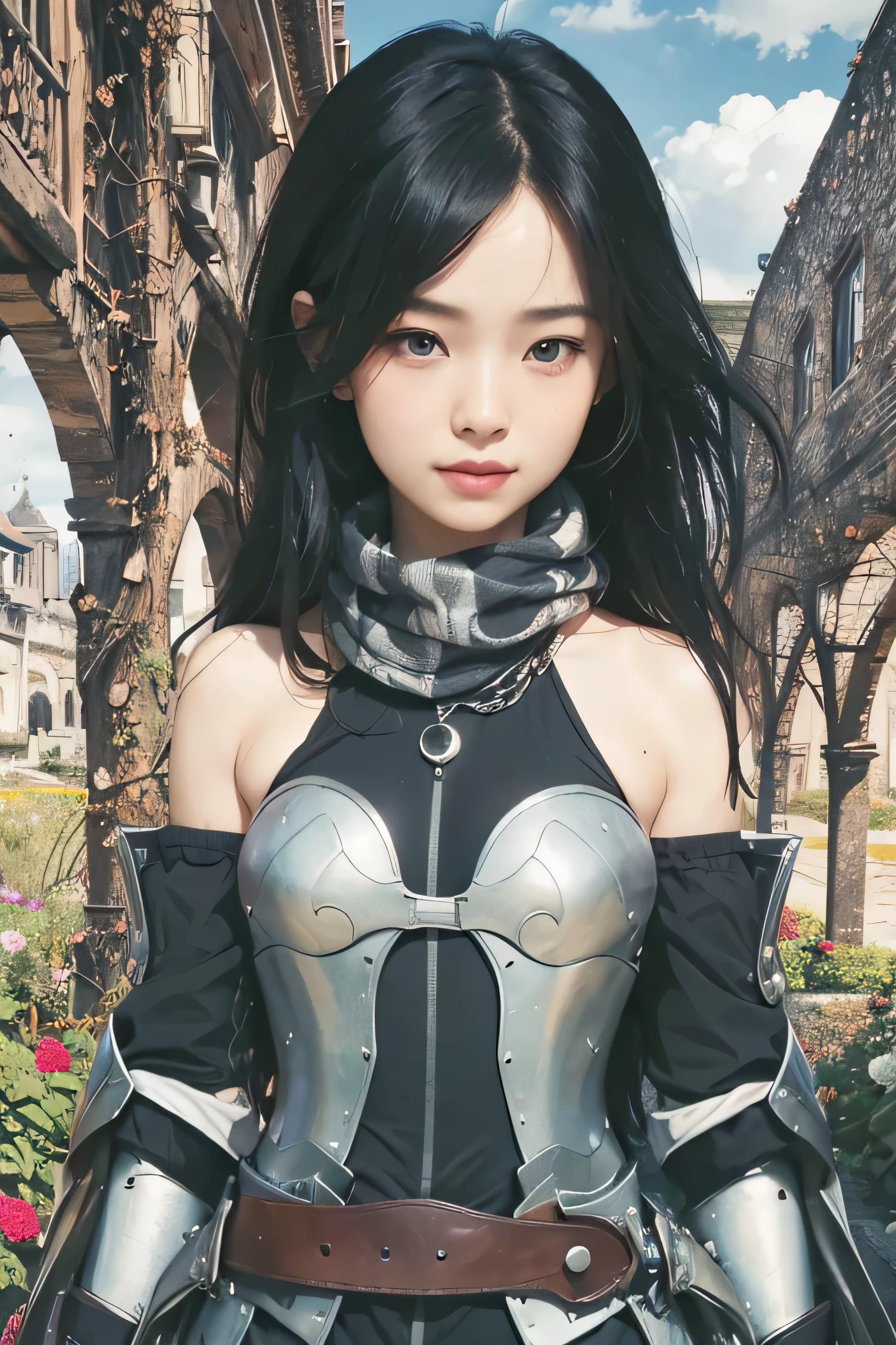 masterpiece, best quality, (realistic,photo-realistic:1.4), (RAW photo:1.2), extremely detailed CG unity 8k wallpaper, delicate and beautiful, amazing,finely detail, official art, absurdres, incredibly absurdres, huge filesize, ultra-detailed,extremely detailed eyes and face,light on face,(little smile),(black hair:1.4),(lodrowng hair:1.6),(wearing armored clothes:1.4),garden background,wearing scarf,(messy hair:1.4),sword belt