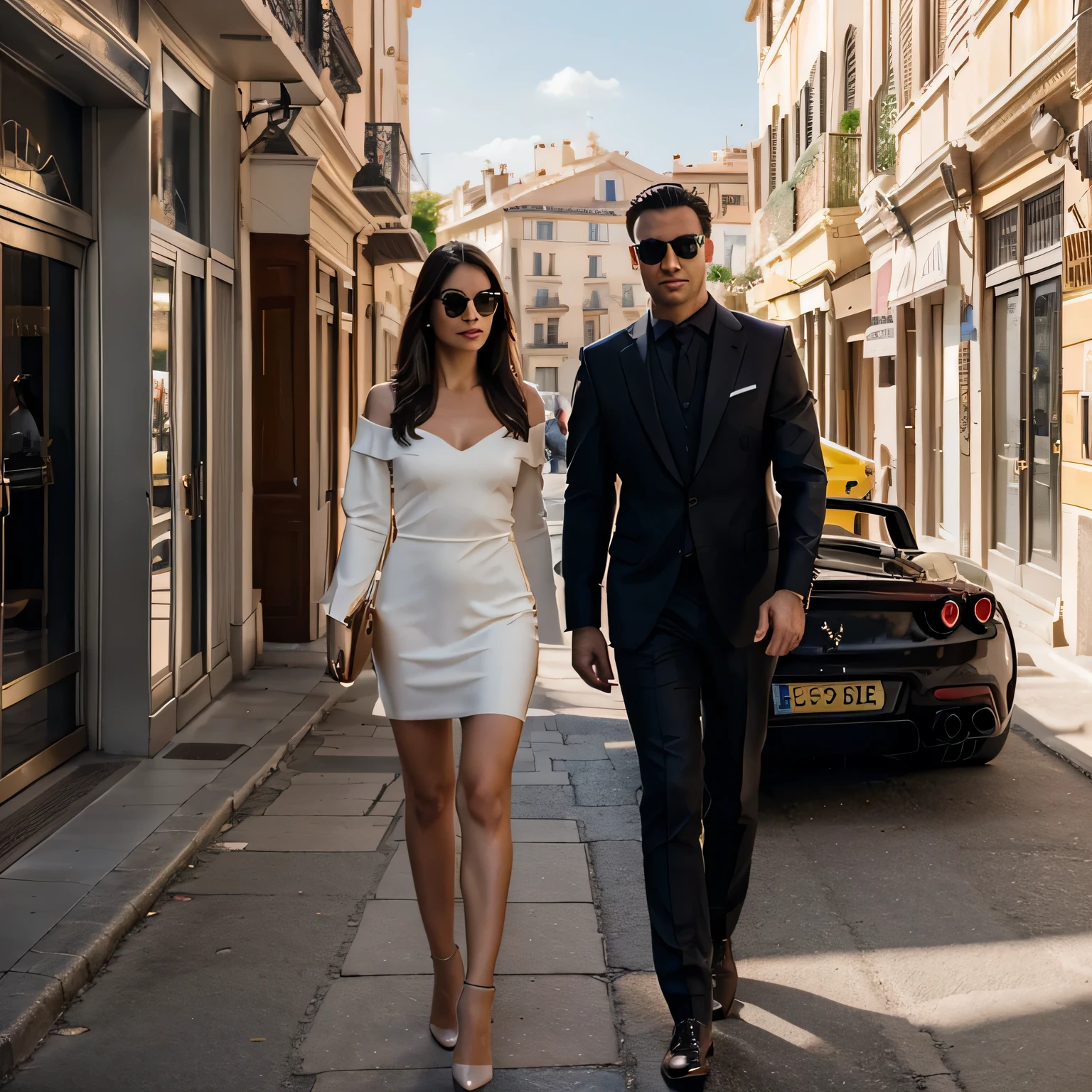 a handsome businessman, 1man, elegant suit, Ferrari convertible, chic luxurious girl, 1woman, stylish dress, streets of Monaco, luxury city, sunny day, beautiful scenery, high-quality 8k, photorealistic, vivid colors, cinematic lighting