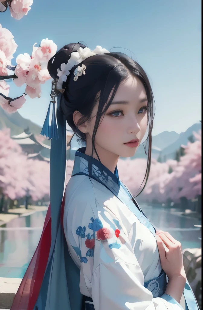 official Art, Unity 8k Wallpaper, Super detailed, beautiful, beautiful, masterpiece, best quality, mystery, , fear, literature, Art, Fashion, Tang Dynasty, decorate, Wheels within wheels, embroidery, blue hanfu, White tulle coat, 1 girl, Black Hair, Peony Hairpin, sad, fatalistic, Bust Composition, Drama, light, Dynamic perspective, full, White flowers, Blue flowers, Red flowers, Butterflies fly, Chinese Dynasty Garden Background, hazy, it&#39;s foggy, Drama,