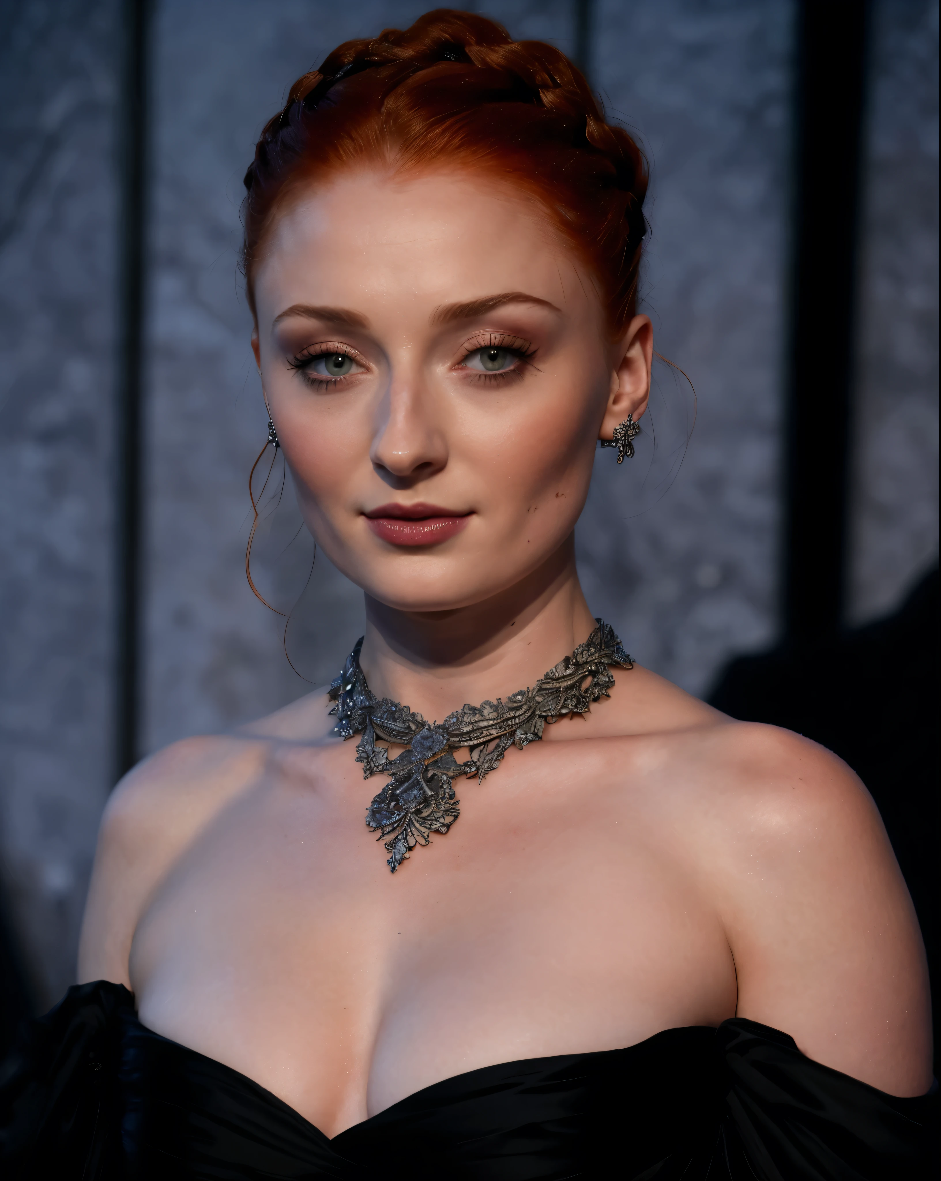 Face of Sophie Turner, Sansa Stark played by Sophie Turner, the de facto Lady of the Eyrie, is a 40-year-old mature queen with a stunning, alluring appearance. Full Face, Full figured woman, pierced eyes, reddish lips, upper body shot, erotic Mediaeval costumes, game of thrones costumes, She wears a Game of Thrones-inspired costume and has a deep cleavage, a perfect thick body, and a perfect thick figure. The photograph captures her in a close-up, with her skin texture and facial features being ultra-realistic and realistic. Juicy thick figure, high quality skin, Skin pores, amazing details, snow, snow flakes, semi realistic, extremely detailed eyes, dark moody orange and black settings, cool environment, artificial intelligence
