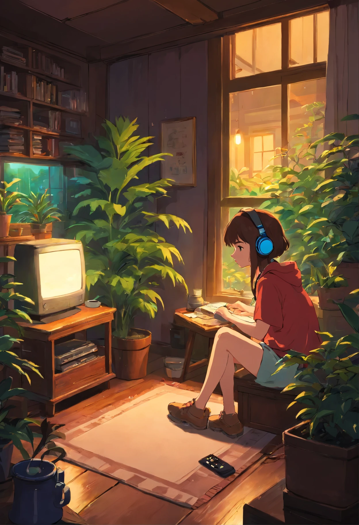 night、Girl listening to music in a cozy room, Use headphones, 2D Style Anime, I will fix it, hard disk, Dark Environment, plant, coffee, Wet day, plant, homework,