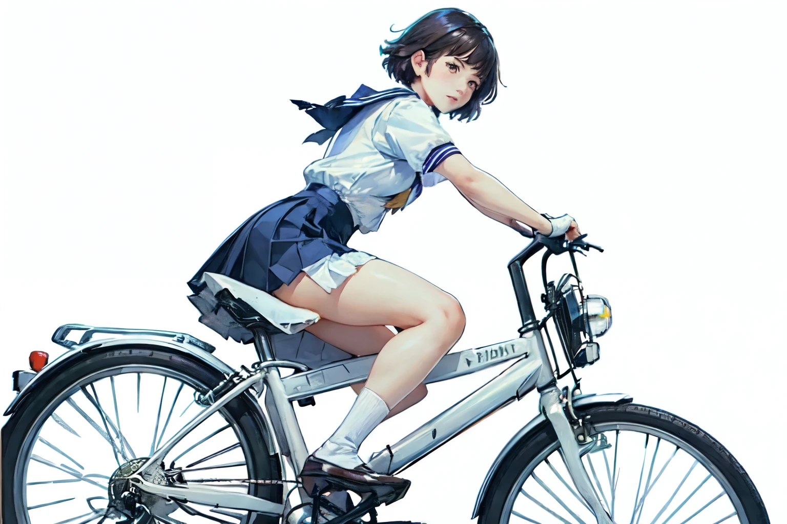 (highest quality、masterpiece)、(A  riding a bicycle、Mamachari、alone、whole)、(From the side)、(Cute Face)、short hair、White Sailor Suit、uniform、Long skirt、Pleated skirt、shoes、(No background)、White Background、Blur the background、(Watercolor of singer Sargent)、Impressionist style painting、