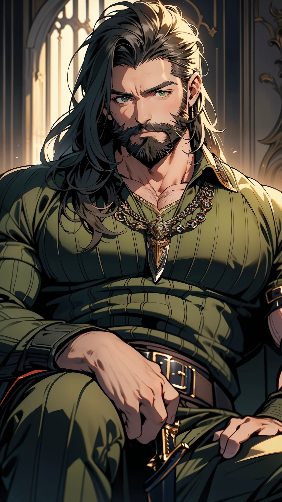 A big, strong man of 43 years old, he has green eyes and black hair, he has a well-groomed beard, he is wearing a knight's attire, he has a sword, he is sitting on a sofa in a luxurious vintage mansion.