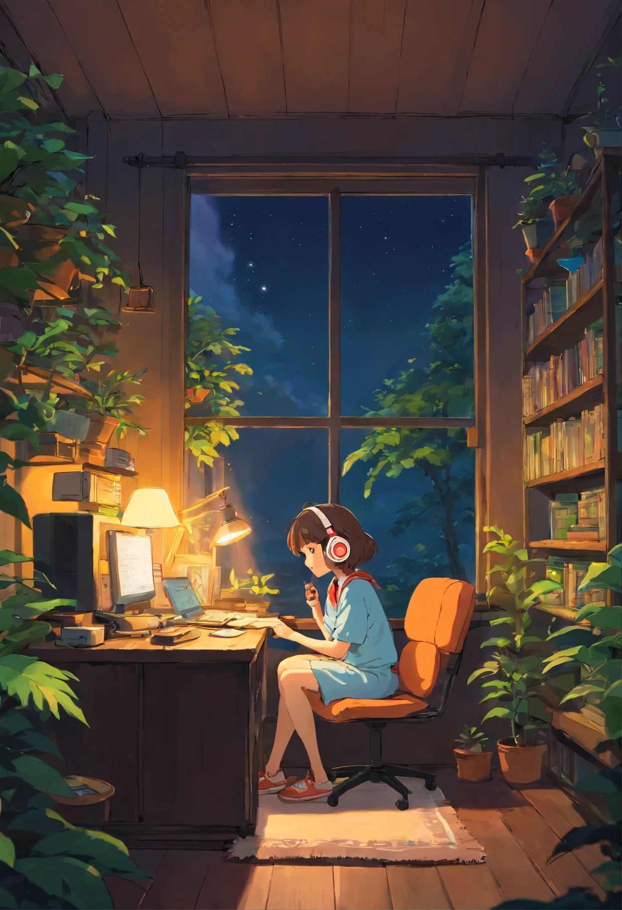 night、Girl listening to music in a cozy room, Use headphones, 2D Style Anime, I will fix it, hard disk, Dark Environment, plant, coffee, Wet day, plant, homework,