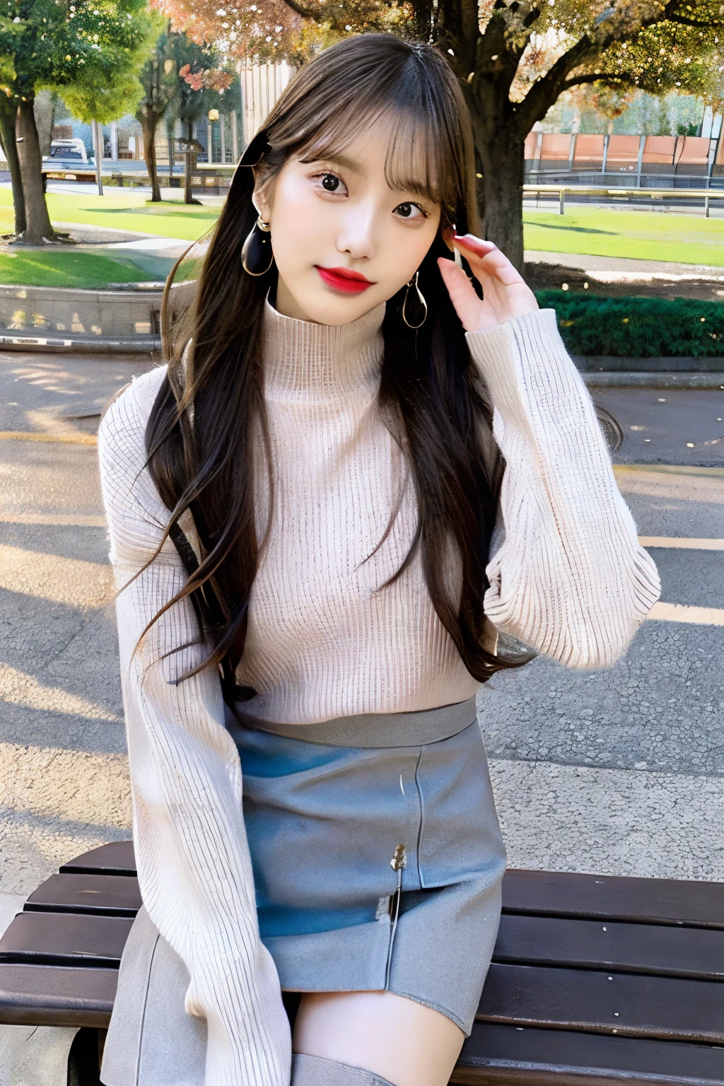 One girl、older sister、lipstick(Shiny pale pink)、Long Hair、Chestnut Hair、Earrings、Turtleneck sweater(Cream)、Tight mini skirt(gray)、boots with buckles(Pale gray)、Small leather shoulder pouch(Glossy black)、Spring Tree-Lined Avenue、Sit on a bench、Overhead view from above
