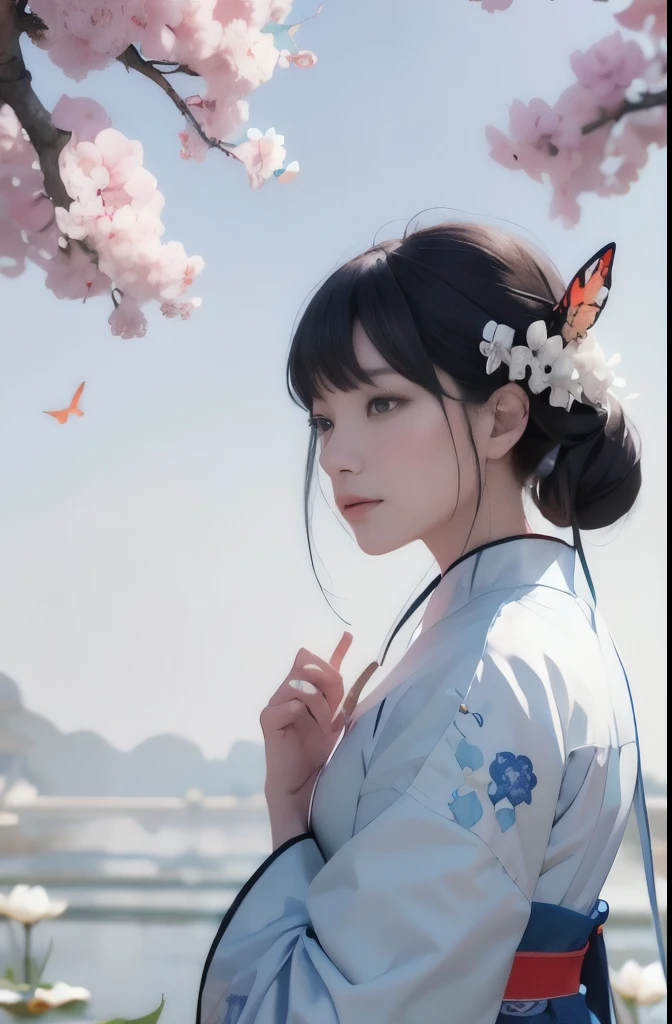 official Art, Unity 8k Wallpaper, Super detailed, beautiful, beautiful, masterpiece, best quality, mystery, , fear, literature, Art, Fashion, Tang Dynasty, decorate, Wheels within wheels, embroidery, blue hanfu, White tulle coat, 1 girl, Black Hair, Peony Hairpin, sad, fatalistic, Bust Composition, Drama, light, Dynamic perspective, full, White flowers, Blue flowers, Red flowers, Butterflies fly, Chinese Dynasty Garden Background, hazy, it&#39;s foggy, Drama,