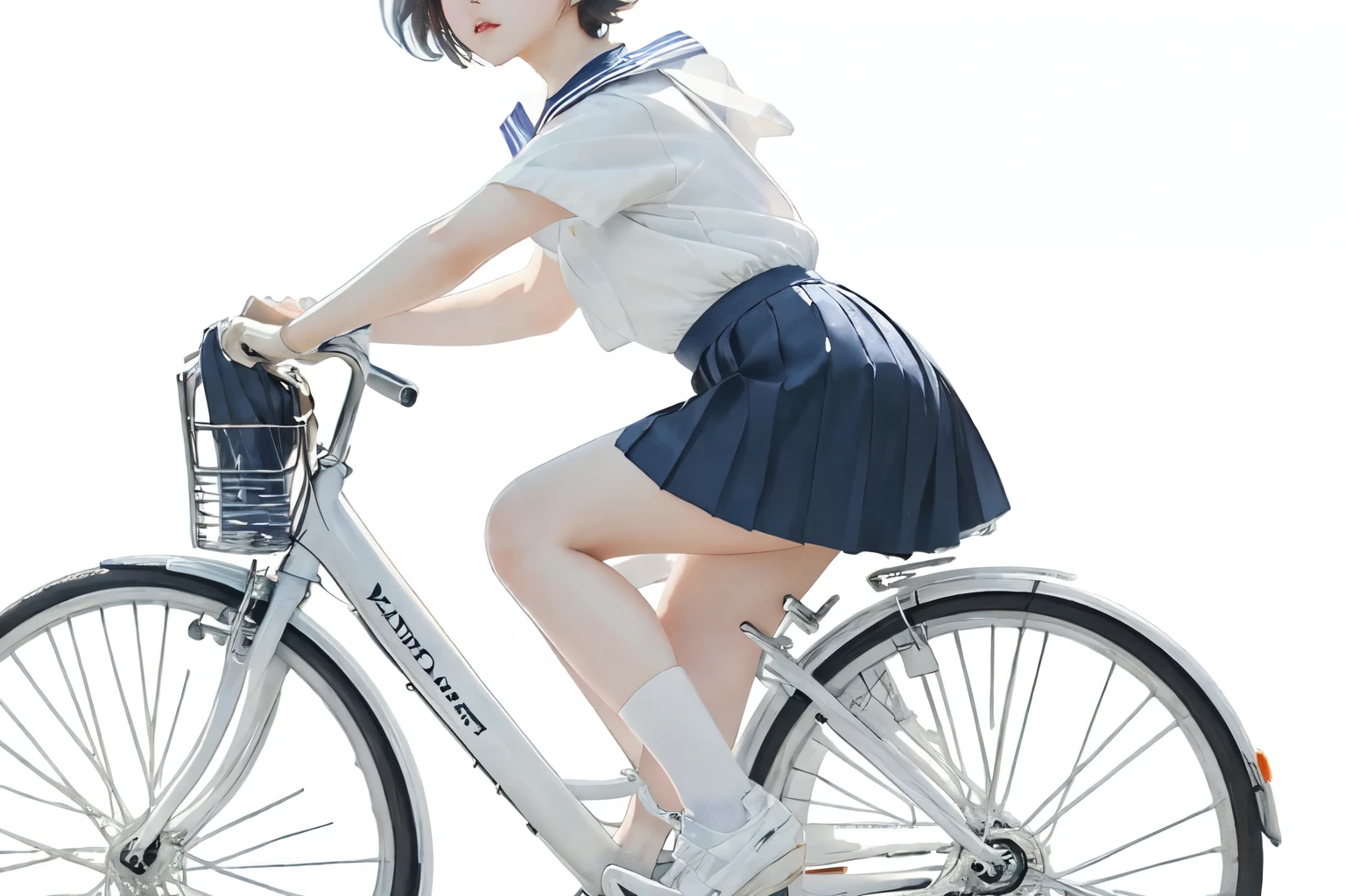 (highest quality、masterpiece)、(A  riding a bicycle、Mamachari、alone、whole)、(From the side)、(Cute Face)、short hair、White Sailor Suit、uniform、Long skirt、Pleated skirt、shoes、(No background)、White Background、Blur the background、(Watercolor of singer Sargent)、Impressionist style painting、