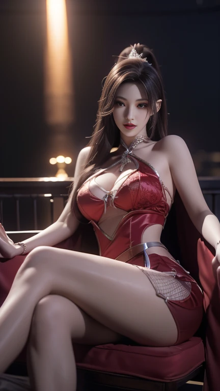 8K, UHD, MAsterpiece, best quality, 1 girl, (realistic face), happy pace, very long hair, hug breasts, decorated dress, very beautiful ornaments dress, red color, ((lace)), mesh dress, mesh cape flowing, sardine, loops, ((ornaments)), legendary night balcony, depth of field, cinematic lighting, chromatic aberration, motion blur, glowing light, god rays, ray tracing, reflection light, backlighting, sitting on the chair,