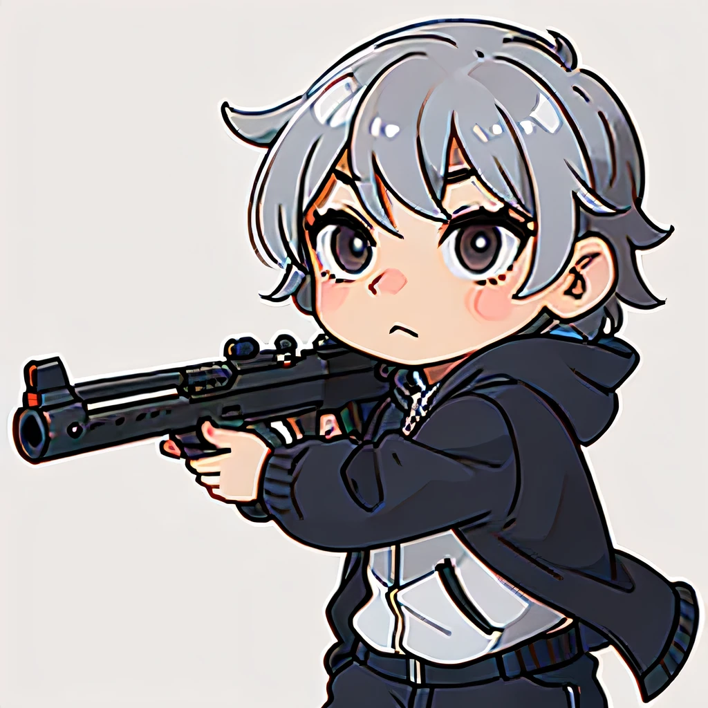 Gray Hair、boy、With a rifle、Chibi Character