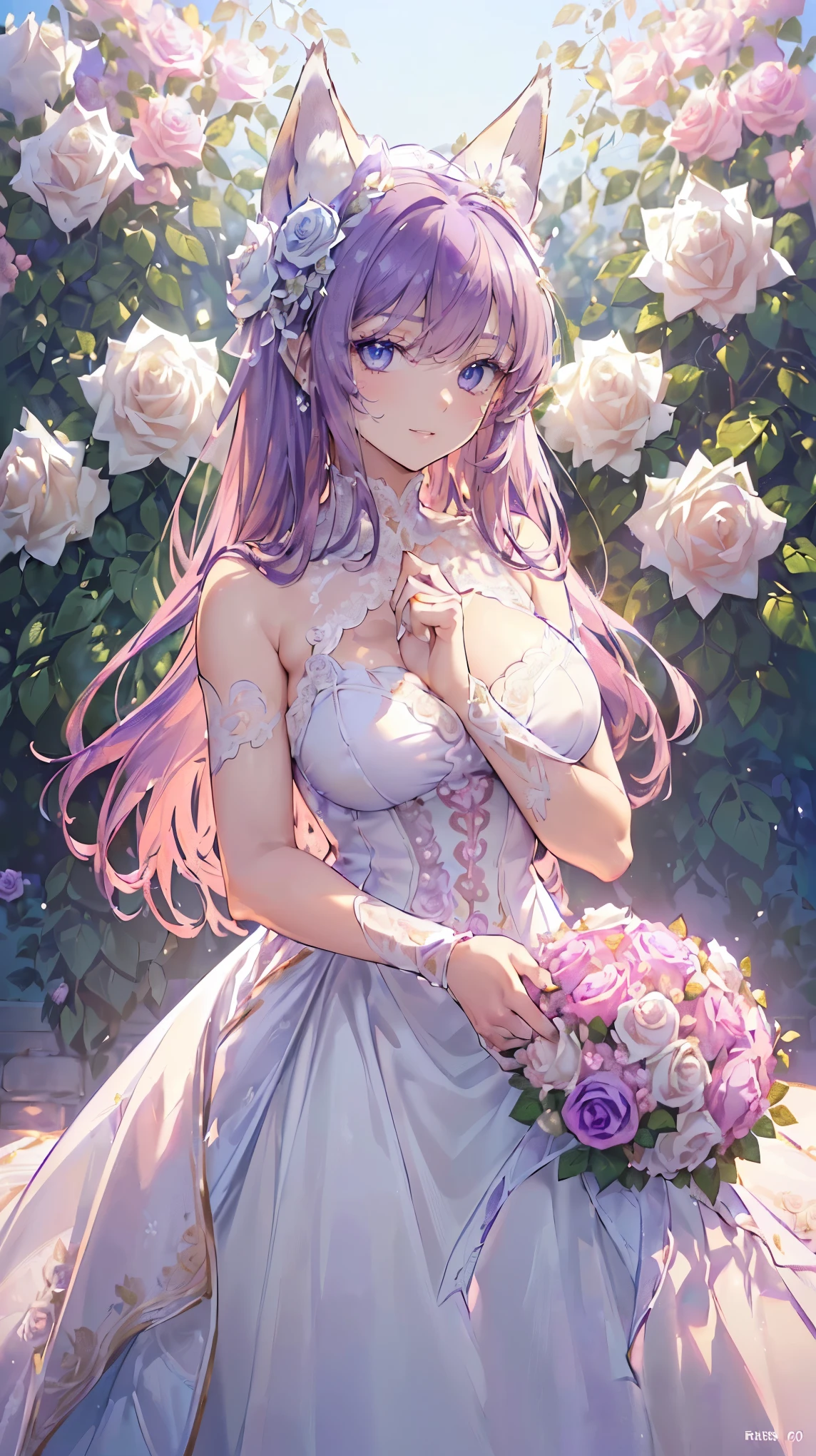 (((Masterpiece))), (((Highest quality))), ((Ultra-detailed)), ((Super fine illustration)), ((Ultra-fine painting)), (16K highest quality wallpaper:1.4), (Upper body:1.4), (Highly detailed and delicate illustration style:1.8), Detailed skin texture, Detailed cloth texture, Detailed rose flower texture, Extreme detailed description, (T-masterpiece), (Highly detailed face:1.4), (Highly detailed Purple fox ears:1.2), (Highly detailed Purple hair:1.2), (Highly detailed clear eyes:1.2), Original, RAW photo, Professional, Intricate details, Super details, Direct light:1.6, (Perfect anatomy:1.4), (Highly detailed hands:1.2), (Highly detailed fingers:1.2), (Highly detailed fingertips:1.2), (27-years-old), Real, (Solo:1.6), ((A very beautiful and attractive Purple fox female fashion model:1.4))
BRAKE
(Beautiful and adorable Purple fox ears:1.6), (Highly detailed and delicate Purple fox ears:1.2), (Beautiful and well-shaped big breasts:1.2), (Beautiful and well-shaped buttocks), (Beautiful and shiny Purple hair:1.6), (Highly detailed and delicate Purple hair:1.4), (Beautiful clear blue eyes that shine with great detail:1.6), (Highly detailed and delicate blue eyes:1.2), (Highly detailed face:1.4), (Smile:1.4), (Looking at viewer:1.4), (Standing:1.4), (Celebration:1.4)
BRAKE
((A beautiful and gorgeous princess dress that is detailed and delicate to be worn at celebratory occasions:1.4))
BRAKE
((Holding in both hands a large bouquet of highly detailed and delicate ((white and pink roses)):1.3))
BRAKE
(Celebration:1.4), (((Highly detailed and delicate white rose flower and pink rose flower garden background:1.4)), Highly detailed and delicate royal palace courtyard background in just after noon in spring:1.4) BRAKE