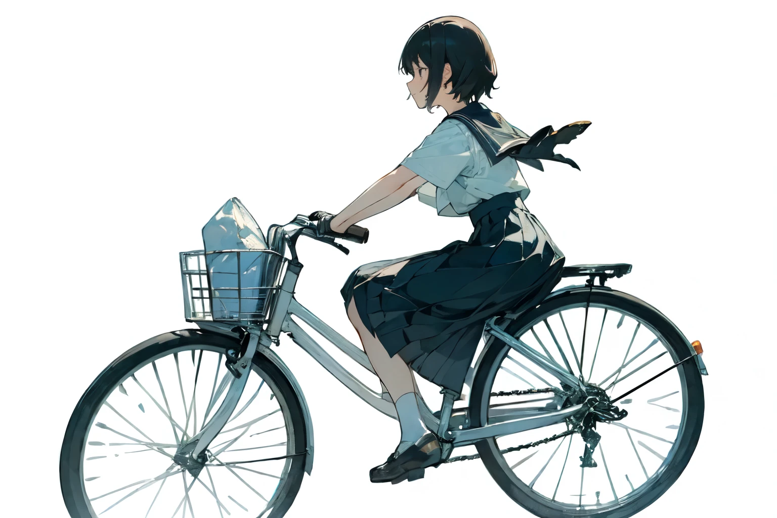 (highest quality、masterpiece)、(A  riding a bicycle、Mamachari、alone、whole)、(From the side)、(Cute Face)、short hair、White Sailor Suit、uniform、Long skirt、Pleated skirt、shoes、(No background)、White Background、Blur the background、(Watercolor of singer Sargent)、Impressionist style painting、