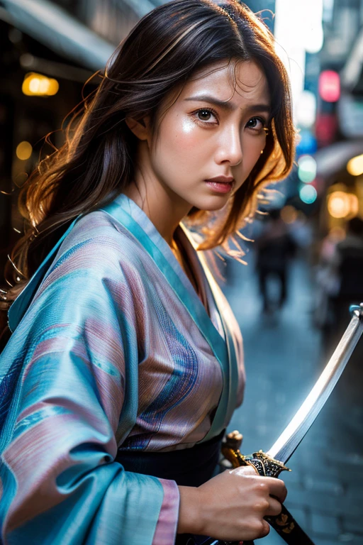(((Holding a sword)))、(((Tears running down my cheeks)))、Beautiful Japanese Supermodel Women, Hair with subtle highlights, Iris, sexy,Street background,Gorgeous kimono , The liquid color runs down her face, Backlit shooting,perfect face lighting,Mixed Media
