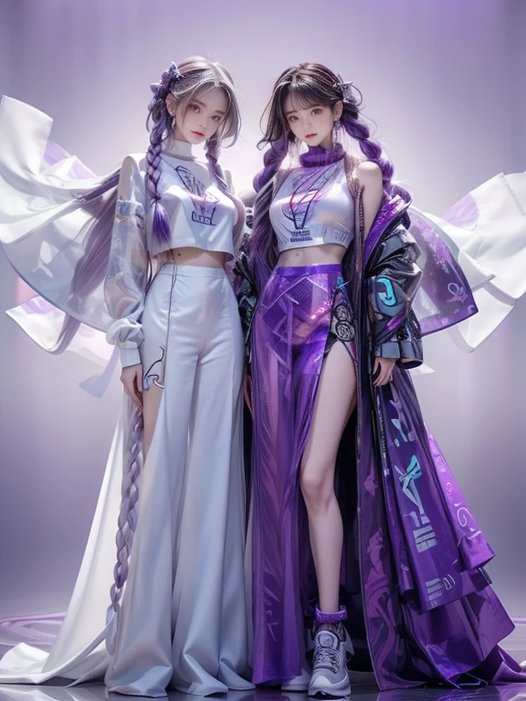 highest quality, Very detailed, masterpiece,Joint work,Two women posing,(((Perfect female body))),Very beautiful face, Very beautiful body,Gentle expression, Very beautiful eyes,(Perfect Makeup:1.1),Fashion Model,Cyberpunk Fashion,Curly Hair,Shaggy Hair, (Floating in the wind,White and purple gradient very long braids: 1.5),Pink and blue gradient:1.3, very thin body,Smart Abs,(Monogram pattern:1.3),Tech See-Through Battle Suit,Monogram patternロングレングススカート,anklet,Tech High Top Sneakers,A kind smile,Full body portrait,(Night in Cyber City), (Shiny skin),(Earrings),Long scarf with elegant pattern,Neon long shawl,Digital Feather,