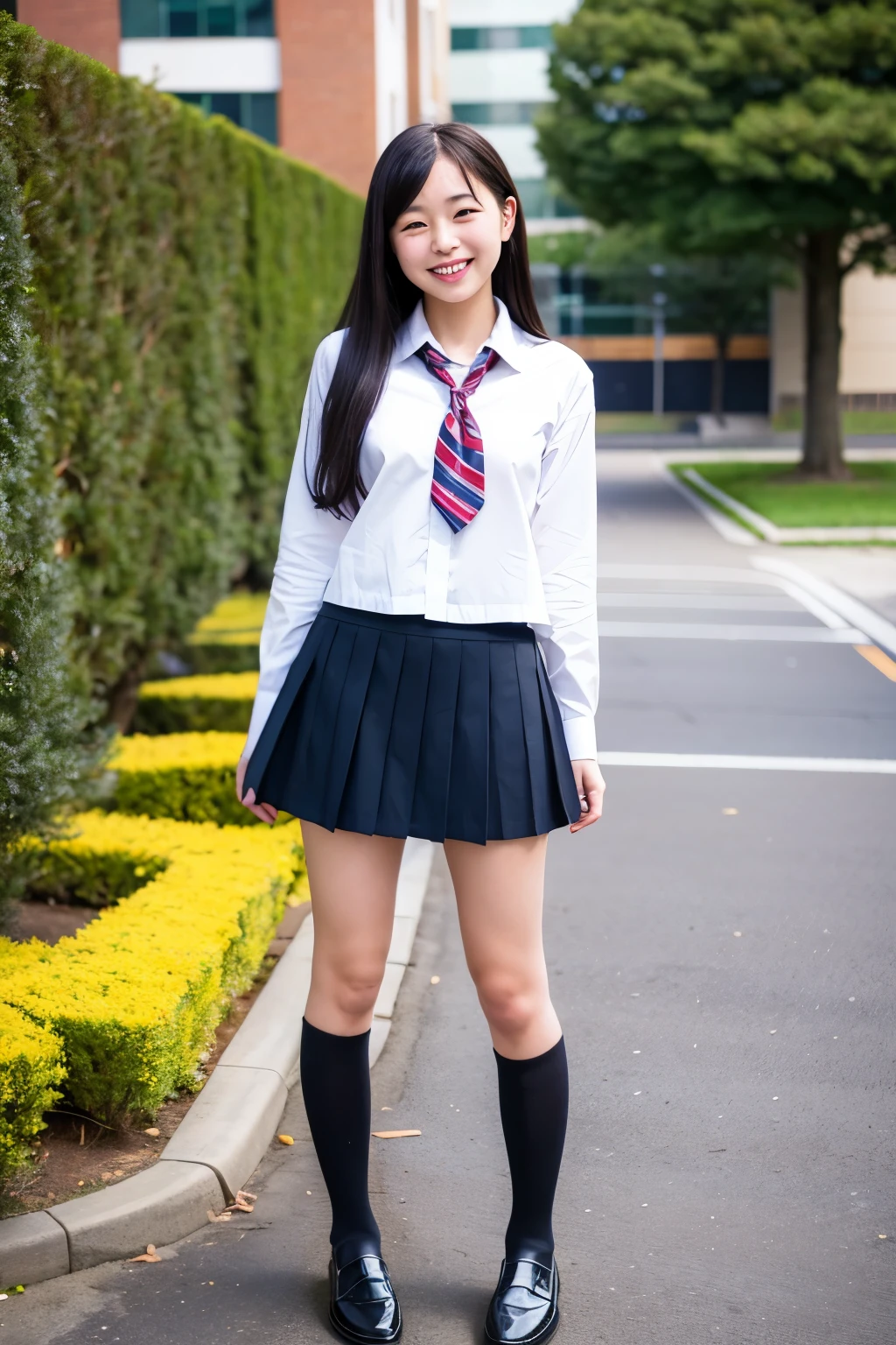 Schoolyard、Japanese high school girl、Uniform Mini Skirt、Black long hair、Smiling、Full-body portrait of a man wearing loafers