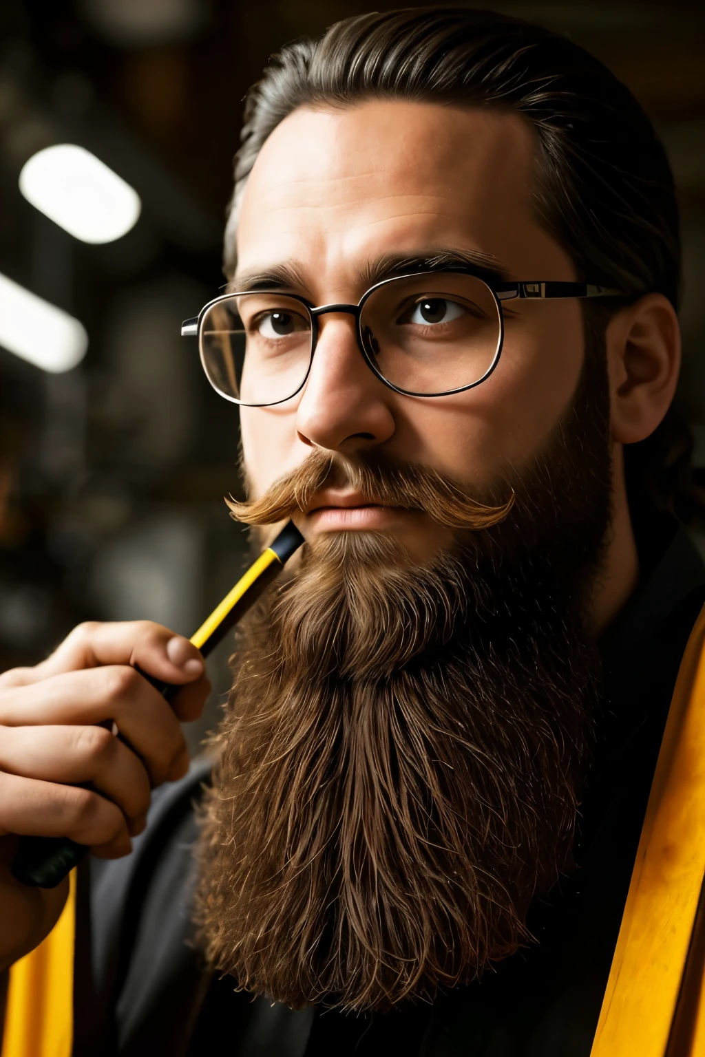vivianne schmidt, {Zauberer} Genie, Bart, Brille, {30-Year-Old Masterpiece:1.7}, 1Mann, {Mid-quality}, 16K UHD,
A bearded gentleman in glasses, identified as a mechatronic genius, sits in a well-lit, immaculate workshop,
Focusing intently on a broom he is meticulously dismantling,
With 16K resolution, the detailed facial features, the beard, and the glasses are depicted with astounding precision,
Sharp focus on the face reveals a few lines of wisdom around the eyes, a sign of his 3