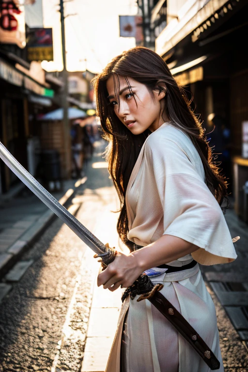 (((Holding a sword)))、(((Tears running down my cheeks)))、Beautiful Japanese Supermodel Women, Hair with subtle highlights, Iris, sexy,Street background,Gorgeous kimono , The liquid color runs down her face, Backlit shooting,perfect face lighting,Mixed Media