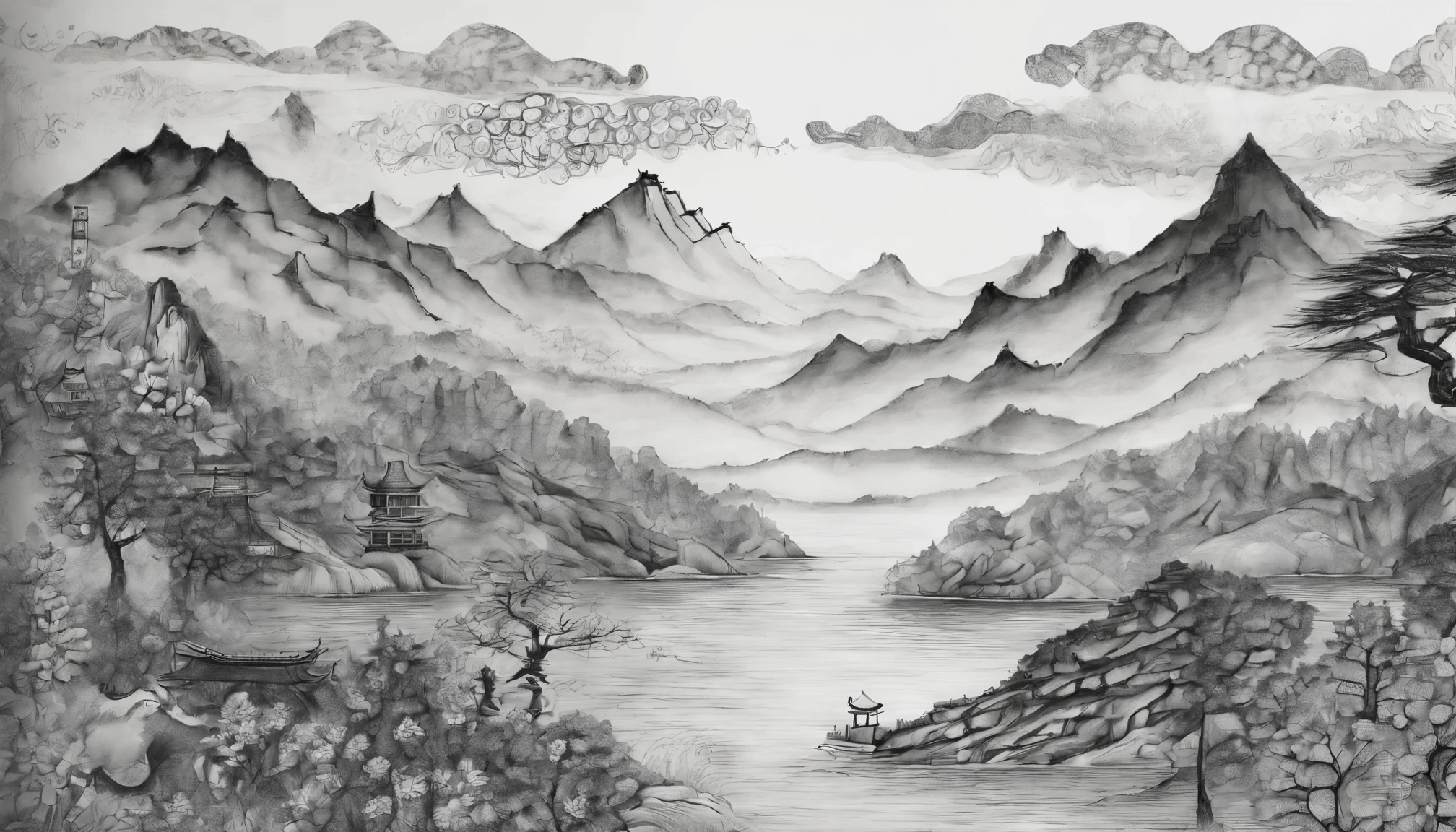 Traditional Chinese Color Ink Painting，Dancyan， Vision，High mountains in the distance，dusk，Clouds，Bird，river