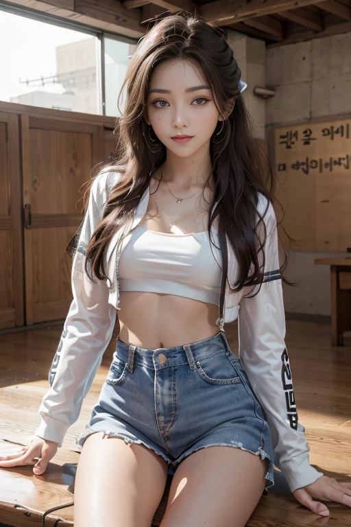 Foto sin procesar de 8K, high resolution, Cool  Korean., pechos grandes y redondos, , atar, atar ribbon, chaqueta de sport, falda, hermosos ojos en detalle, long eyelashes, beautiful double eyelids, sombra, ojos rasgados, ojos sanpaku, maquillaje de ojos oscuros, sonrisa maligna, Hermosas piernas delgadas, pelo corto recogido en la espalda, pendientes, aula de la escuela