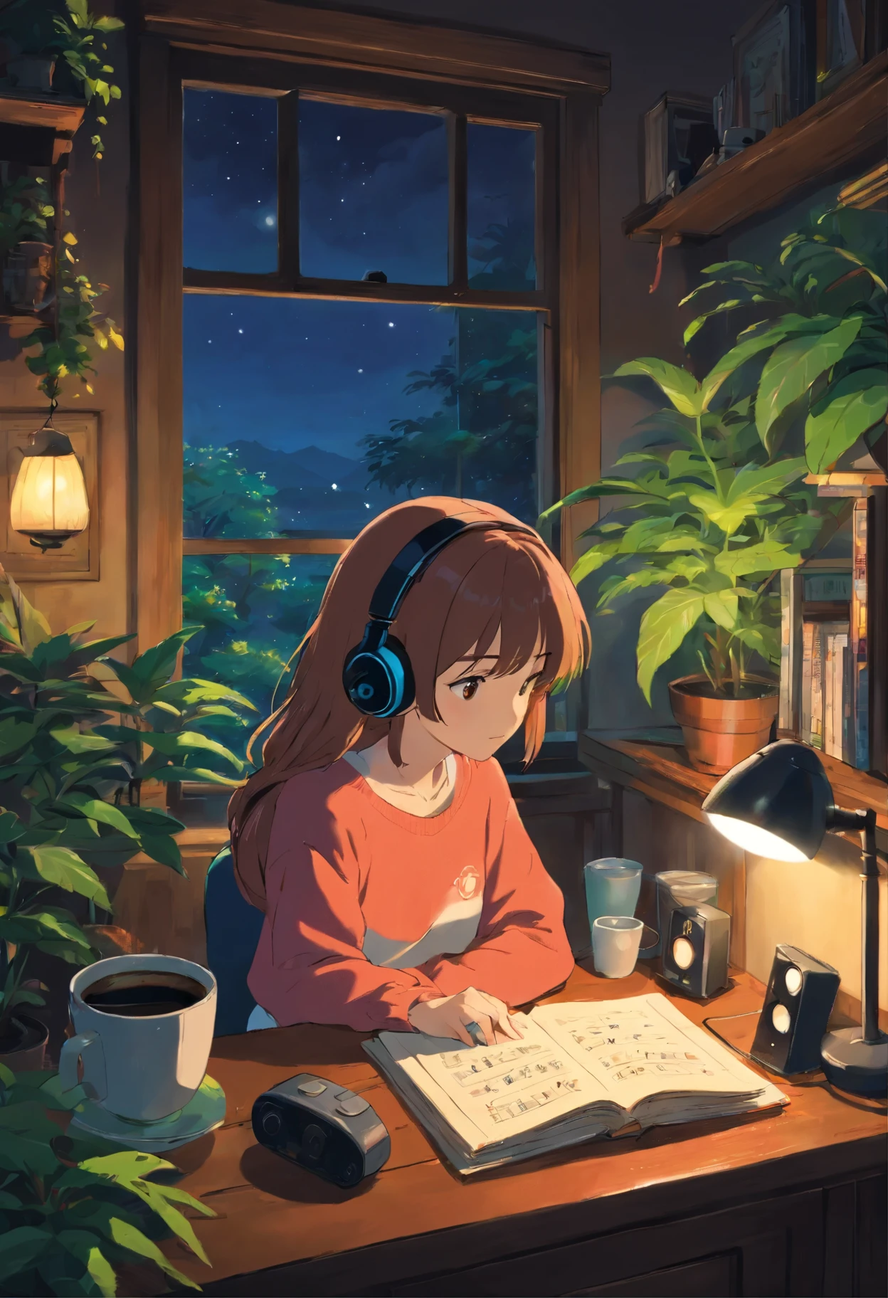 night、Girl listening to music in a cozy room, Use headphones, 2D Style Anime, I will fix it, hard disk, Dark Environment, plant, coffee, Wet day, plant, homework,
