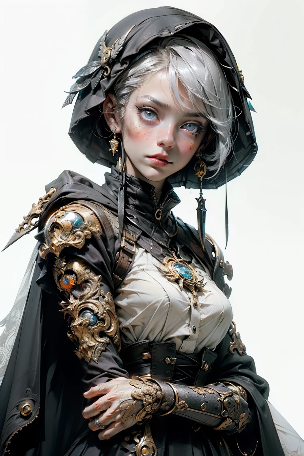 mpts
Copy
(((masutepiece, of the highest quality, super detailed))), hand drawn style, hand painted style, watercolour, sketch, a knight, white background, plain background, Bloodborne inspired, tatty Bloodborne attire, occult aesthetic, occult, tatty red and white clothing detailed and intricate steampunk and detailed gothic lolita (with a hood), diadems, long coat, Complex laced boots, Fluttering lace flared long knee length dress with frilly petticoats, long dress, knee length dress, pleated petticoats, lolita dress, petticoats gothic lolita, beautiful small breasts, (((( Highly detailed face))), small thin nose, Small thin lips mouth, (((Very sharp focused eyes))), Very large slit precision pale grey eyes that shine like jewels. very long eyelashes, Silver hair swaying in the wind, Emitting a dazzling light in a mandala pattern, white background, Very dramatic and cinematic lighting, tatty damaged old red and white clothing, full body, whole body, body, cosmic horror, grim dark