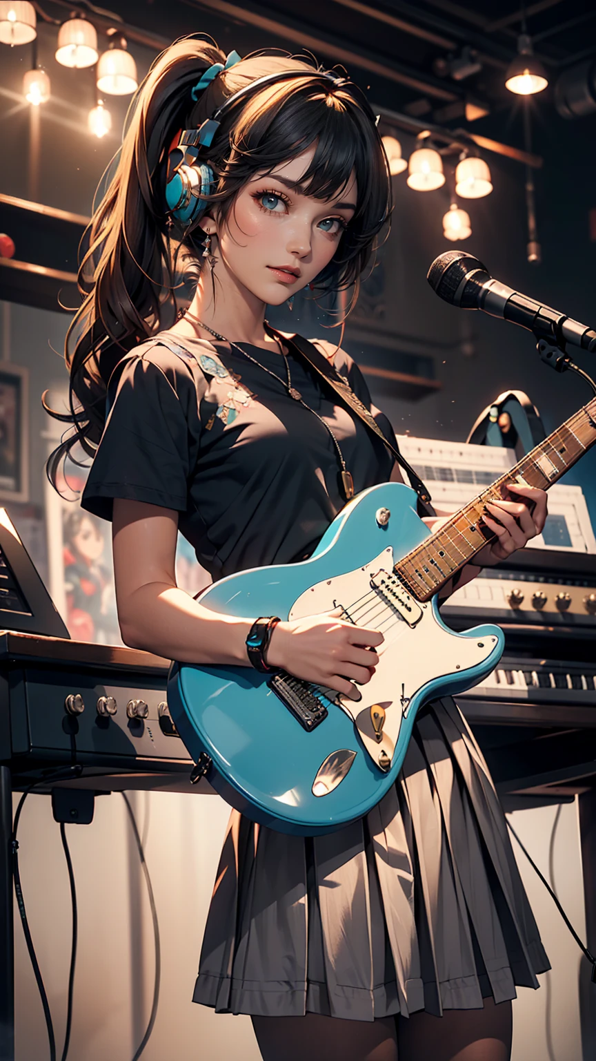 ((masterpiece, highest quality))One girl, alone, Black Dress, blue eyes, electric guitar, guitar, Headphones, Double Ponytail, Holding, Holding plectrum, musical instrument, Long Hair, music, One side up, Turquoise Hair, Twin tails, guitarを弾く, Pleated skirt, Black Shirt, interior