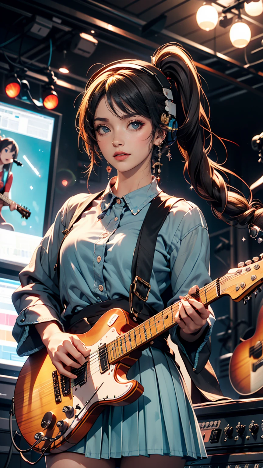 ((masterpiece, highest quality))One girl, alone, Black Dress, blue eyes, electric guitar, guitar, Headphones, Double Ponytail, Holding, Holding plectrum, musical instrument, Long Hair, music, One side up, Turquoise Hair, Twin tails, guitarを弾く, Pleated skirt, Black Shirt, interior