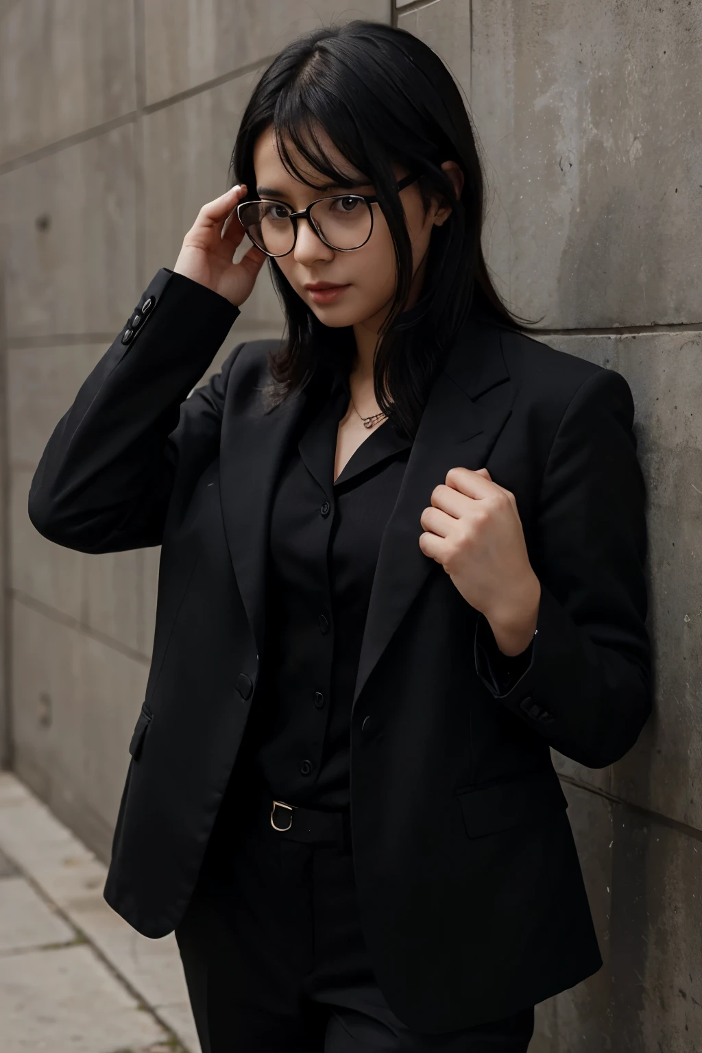 A baby who is like a boss and wears a black suit and wears glasses has black hair