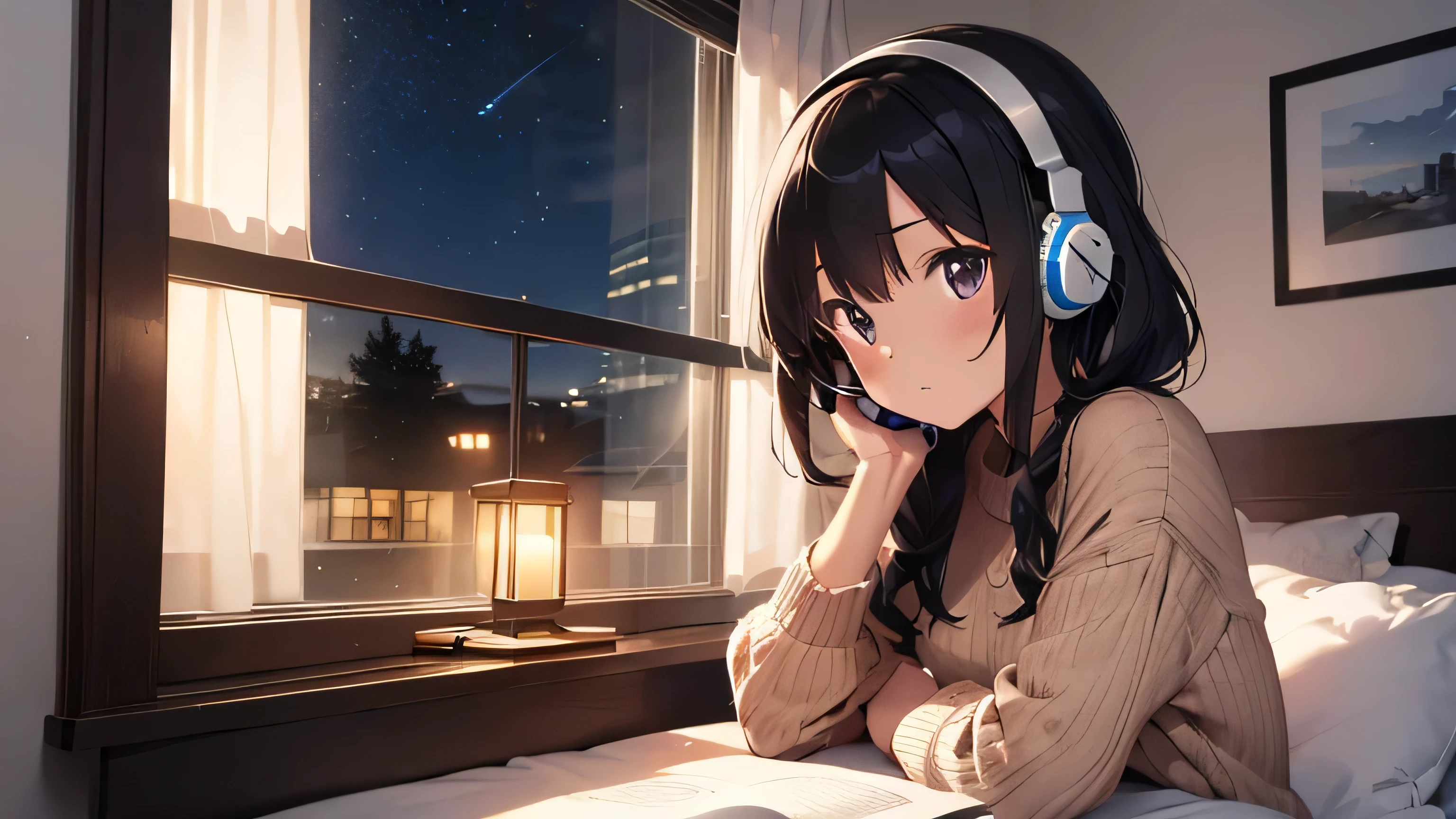 Detailed anime girls, Wearing a large sweater, Wearing headband headphones, praise, quiet, Quiet atmosphere, cold, Looking out the window in the bedroom, night, quiet night, masterpiece, highest quality, study