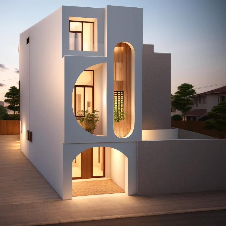(Townhouse in city ,close houses and trees), daylight ( best quality) ((high solution)) ,(( photo realistic)) ,warm light, (sharp focus) front view of townhouse in style of modern,small house, Narrow area,VietNam,facade, curved arch,beautiful facade,curved windown,narrow and long ,two-storey,mutual colours, soft lighting, warm atmosphere,high Resolution, hyper detailed,4k ,vray render, octane render, hyper realistic, photography expert ,exterior design , professional photography, exterior photography,wide-angle shot , ultra detail , high Resolution , full frame, full body
