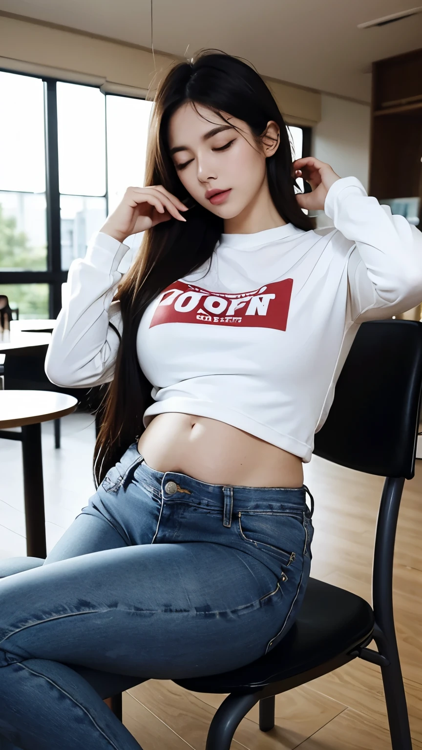 (photorealistic),(masterpiece),(ultra-detailed),a very pretty and sexy 20 year old girl holding more than liters of pee, wearing crop bubble jacket and tight denim shorts, hands jammed between thighs, lower abdomen part of the tight black jeans bulging from full bladder as sphere that is big as her as if she was fully nine months pregnant but smooth rounded ,enduring extreme urge to pee,eyes slightly closed,pee about to come out,sweating,legs crossed very tightly,sitting on a chair
