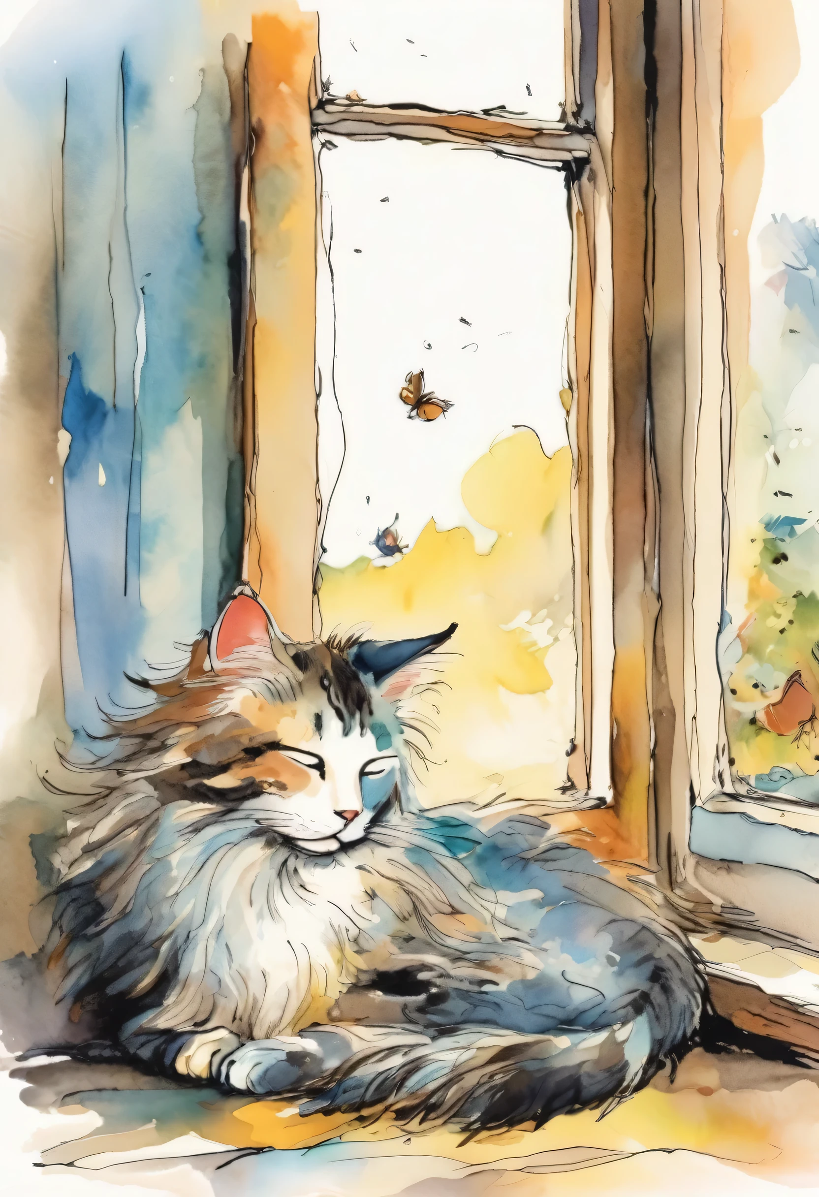 Quentin Blake style photo、Illustrations full of love、A long-haired cat is curled up and sleeping by the window at home、Calm expression、highest quality、masterpiece、Very detailed