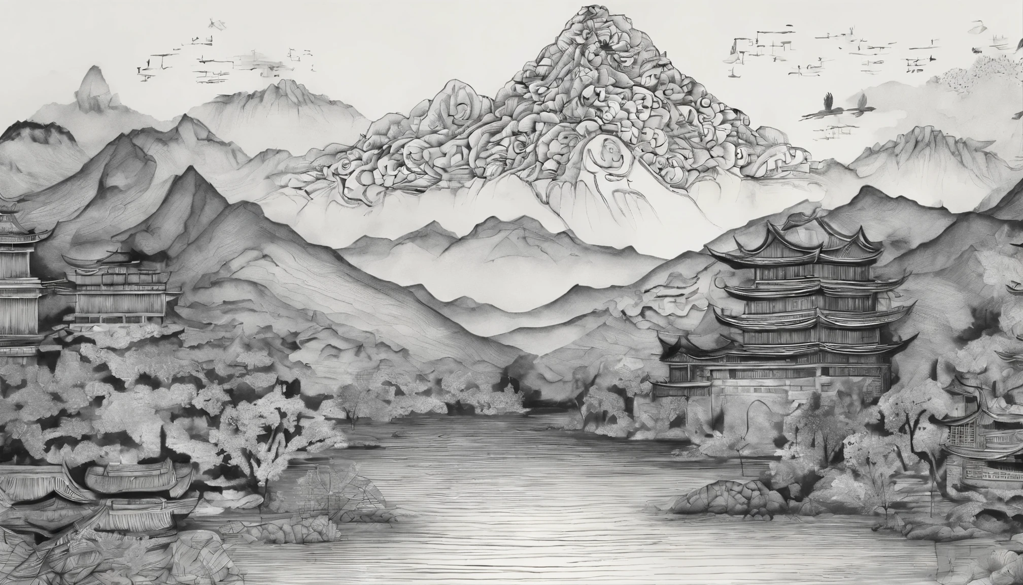 Traditional Chinese Color Ink Painting，Dancyan， Vision，High mountains in the distance，dusk，Clouds，Bird，river