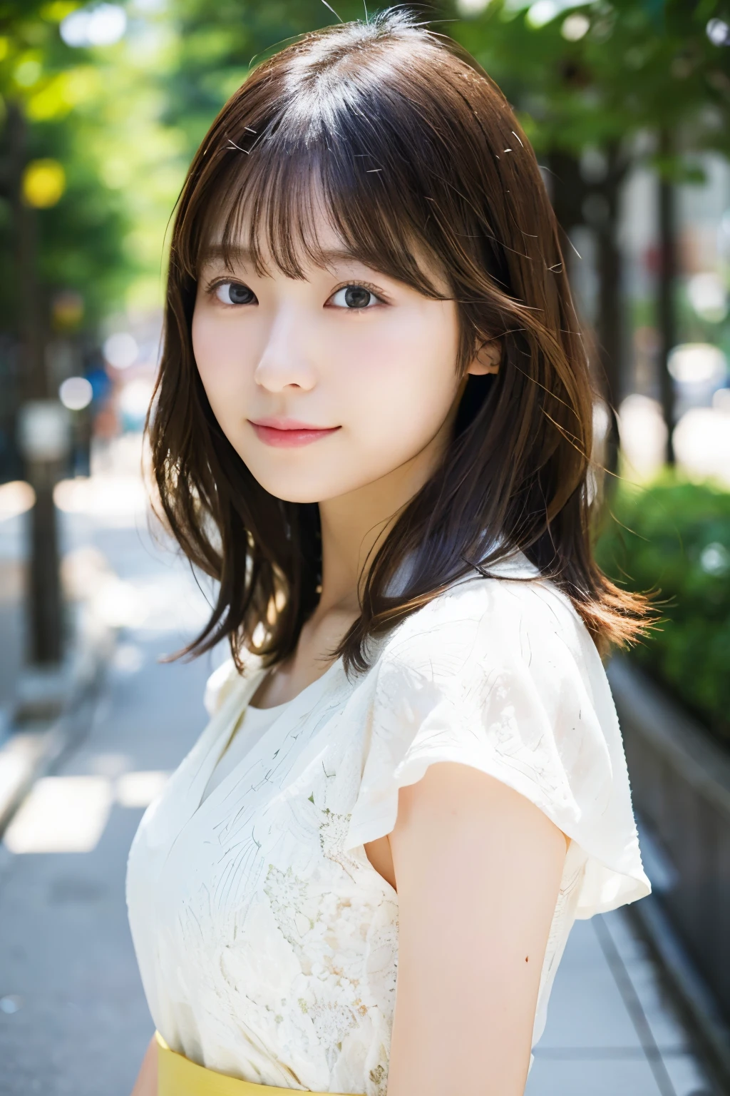((Photoreal)), 8K full-length portrait, (Beautiful woman), (Japanese woman), (detailed face), attractive look, Clear system, 18-year-old, Tokyo city, summer, for the background, medium hair,