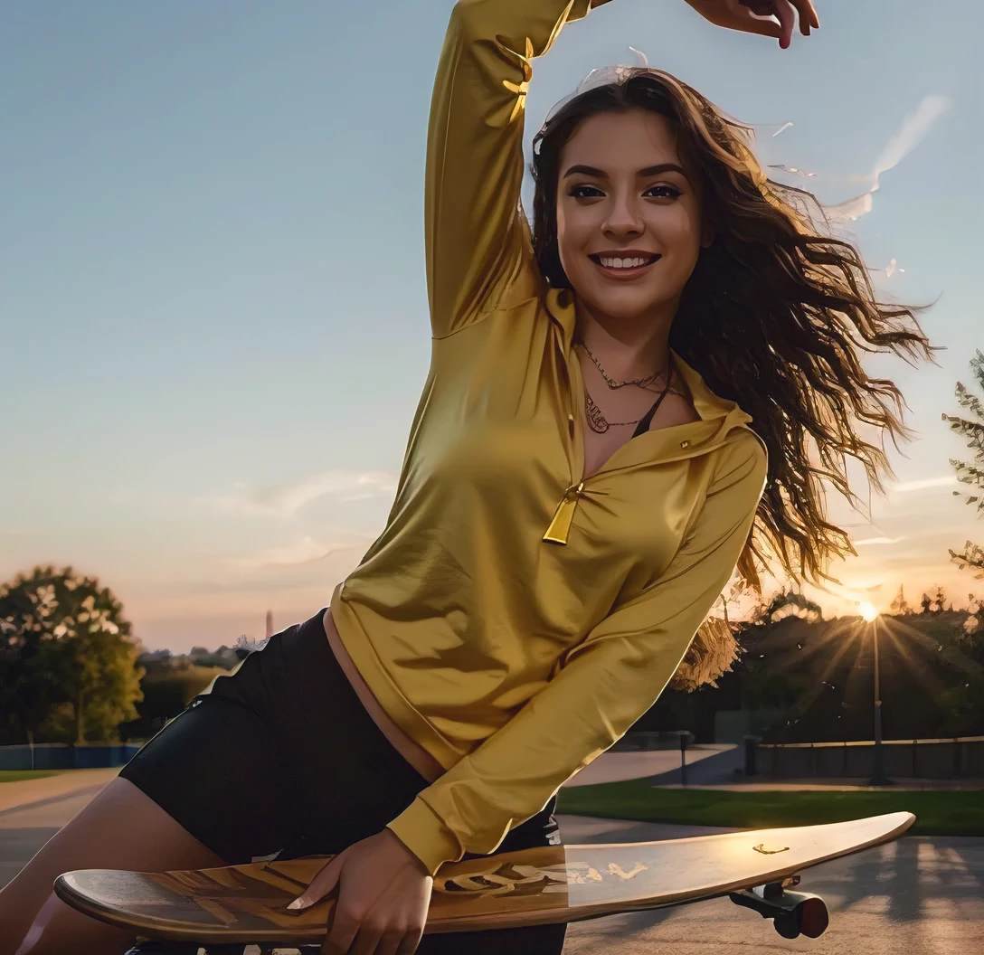 This woman's name is Ailina. Ailina is 18 years old and of Russian origin, living in America. She has wheat-colored skin, brown eyes, and wavy hair. Ailina has prominent jawlines and slightly full lips. She is laughing energetically, showcasing a big gold necklace around her neck. The photo is a full-body shot in warm lighting with dramatic shadows, vibrant colors, photorealistic quality, and extremely detailed 8k resolution. Ailina is dressed in sporty attire, captured mid-jump in a park with a skateboard under her feet and a beautiful sunset in the background.