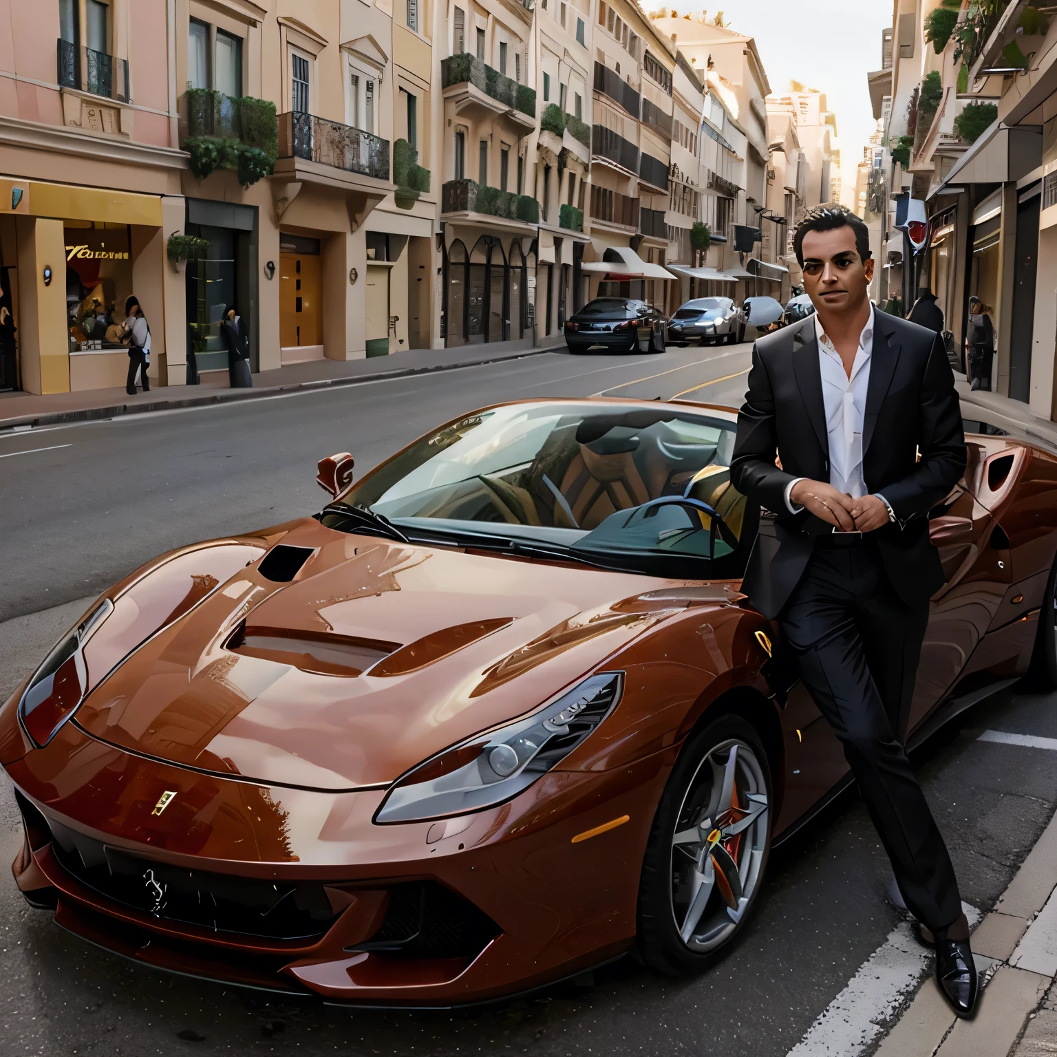 a handsome businessman is driving a Ferrari convertible with a chic, luxurious girl through the streets of Monaco