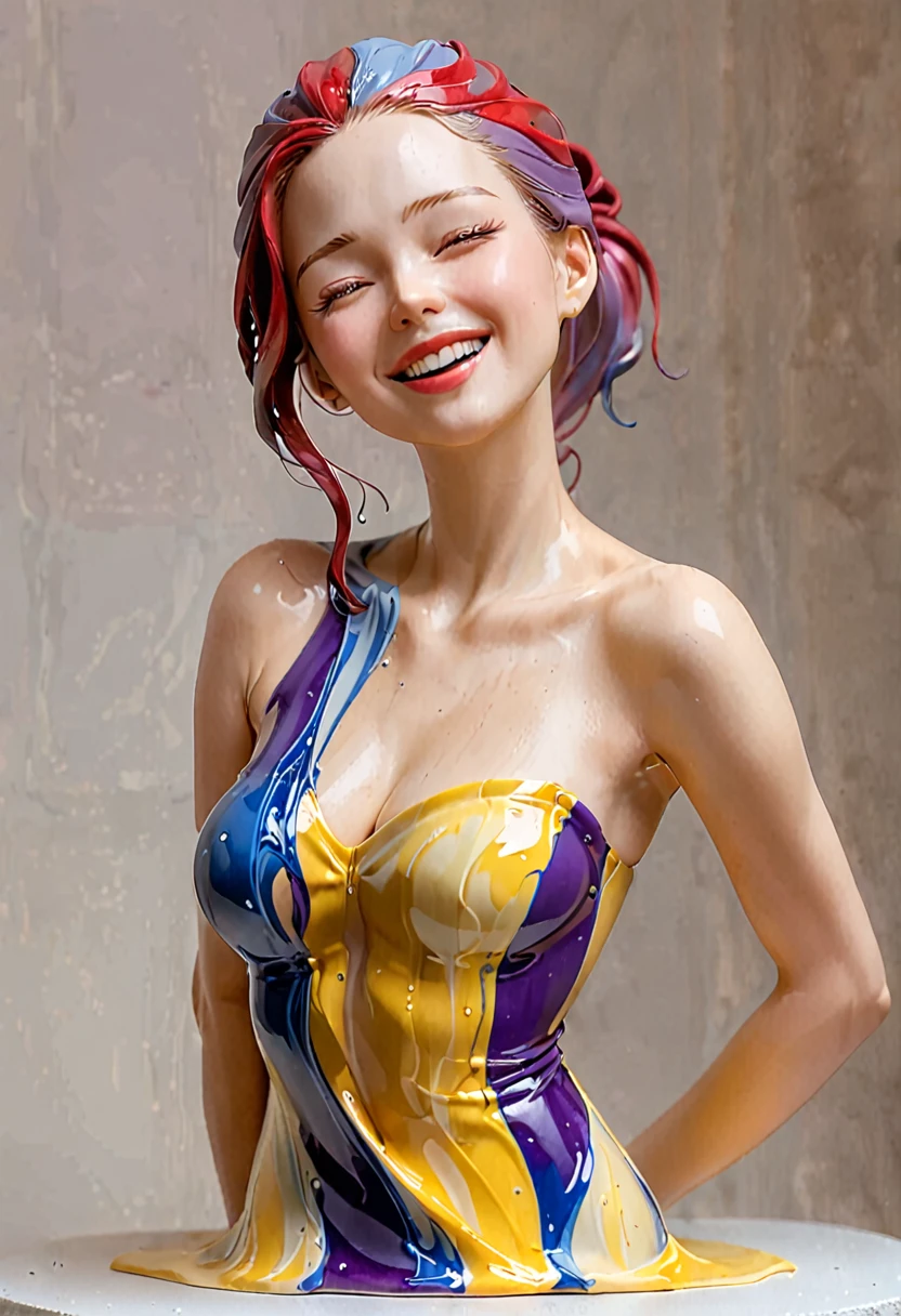 realistic sculpture,bust up,Ceramic red, yellow, blue, purple, cream,A young woman smiles beautifully in a thin cloth. Swaying against your skin. sexy poses