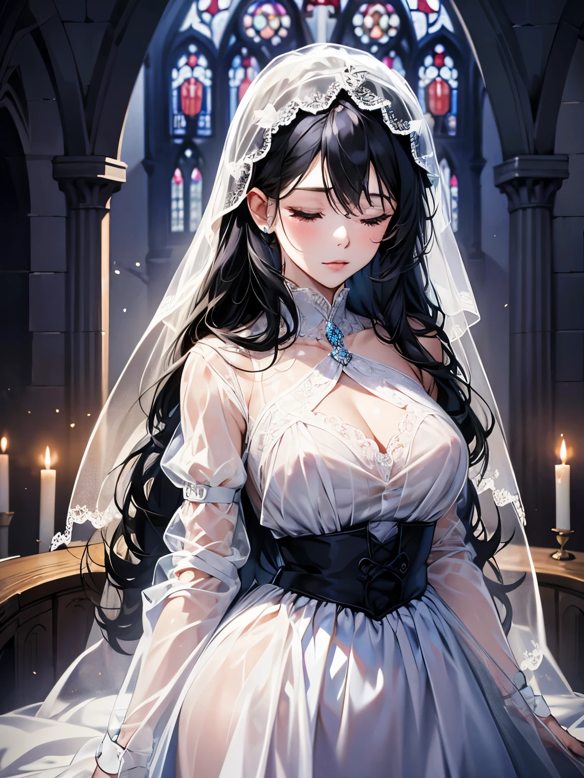 Dark room, Bride with veil, White long dress, Eyes closed, whole body, See-through, Gothic church, Candlelight, Blue Stained Glass, masterpiece, highest quality, Highest quality
